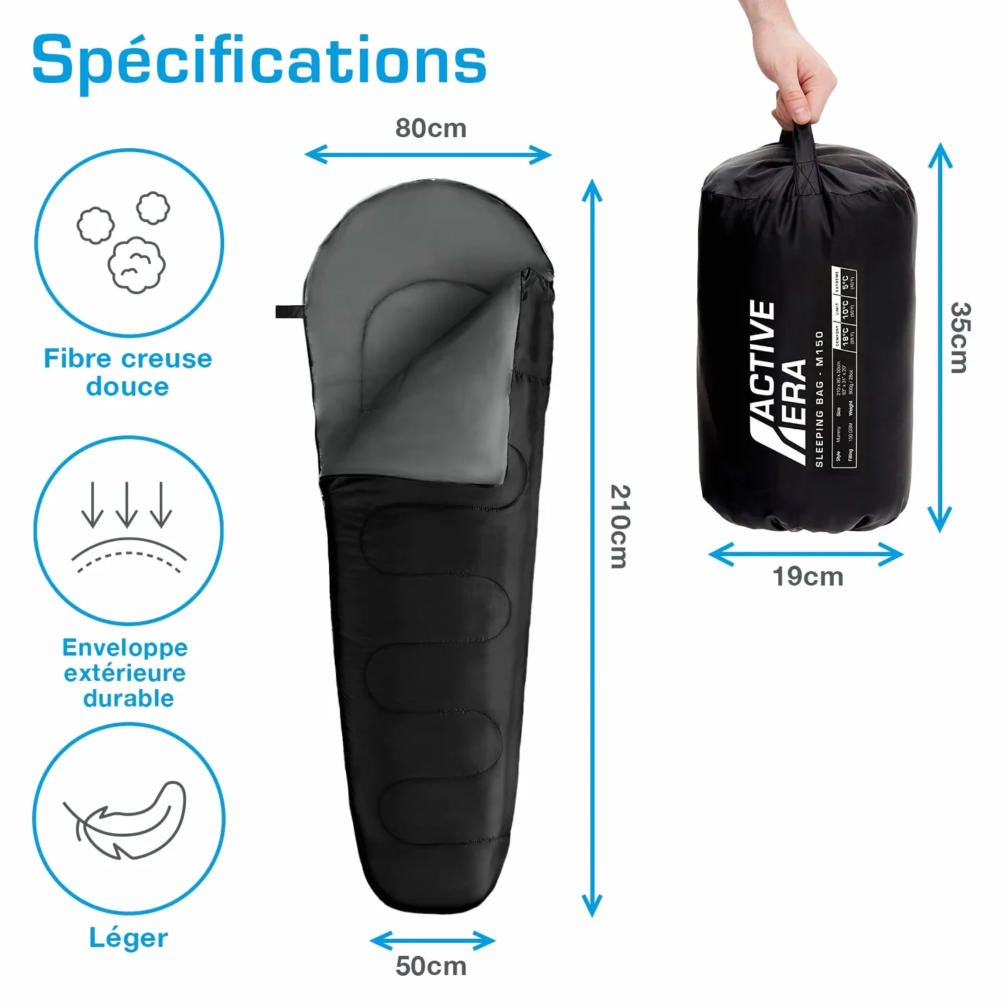 Active Era Sac de Couchage Adulte Ultra léger, Duvet 1 Personne, Sac de Couchage Compact Sarcophage Camping et Randonnée, Voyage, Intérieur ou Extérieur - 150GSM - 10 à 18°C (min5°C) - 210x80x50cm