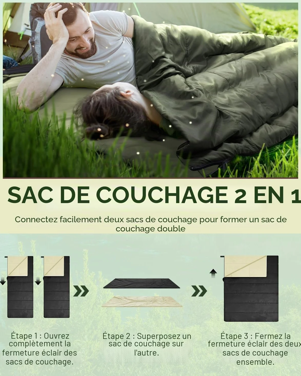 Ohuhu Sac de Couchage Léger 860 g 15-25°C 190 x 83 cm pour Camping Randonnée Trekking