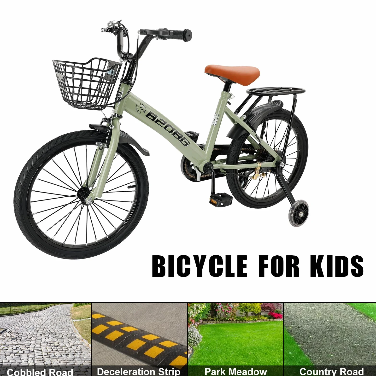 Vélo pour enfant de 18 pouces, cadre en acier au carbone de haute qualité, siège et guidon réglables, double freins, moyeux intégrés, panier amovible, roues stabilisatrices, selle confortable, vélo