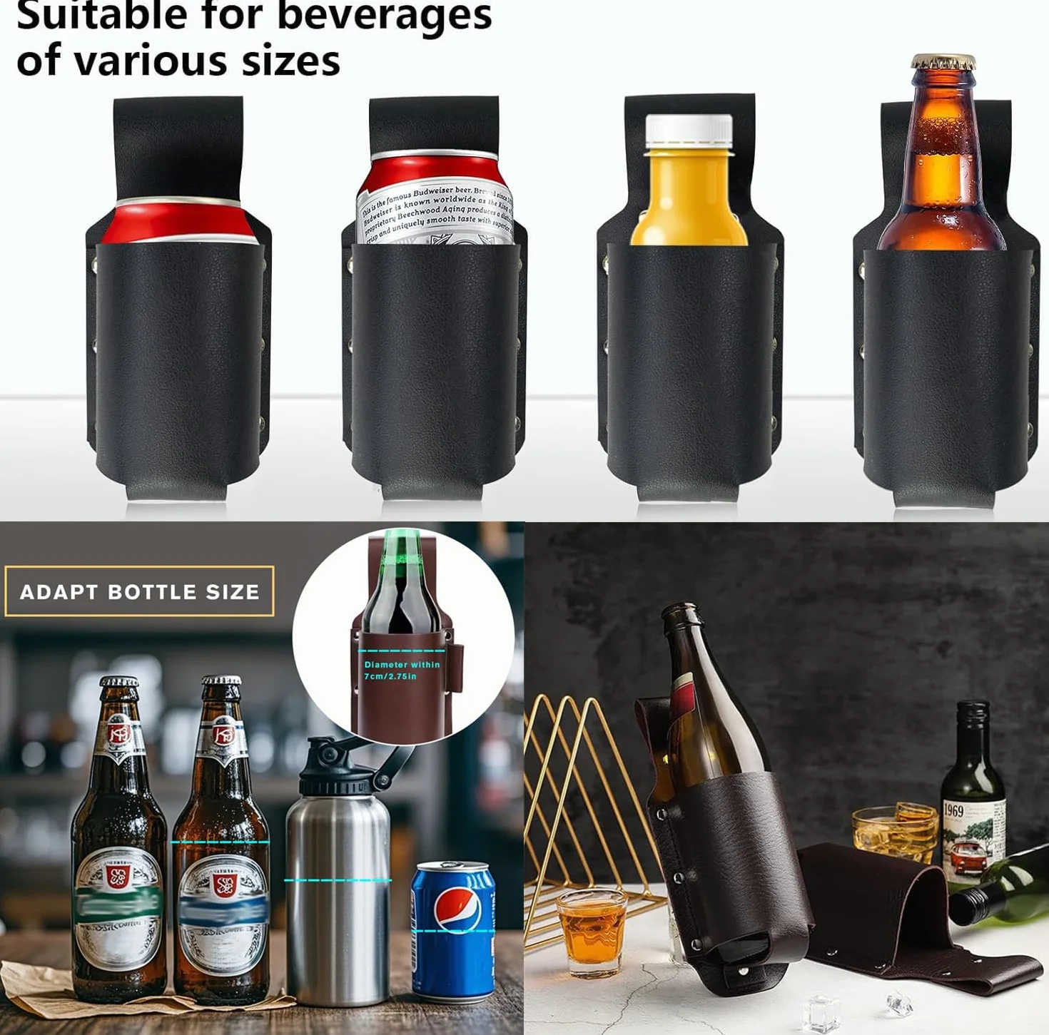 Bière Holster,2 Pièces PU Porte-Bouteille en Cuir,Porte-Bouteille pour Voyage,Ceinture de Bière,PU Étui en Cuir Beer Holster Universal pour Barbecue,Camping,Voyage,Fête,Extérieur