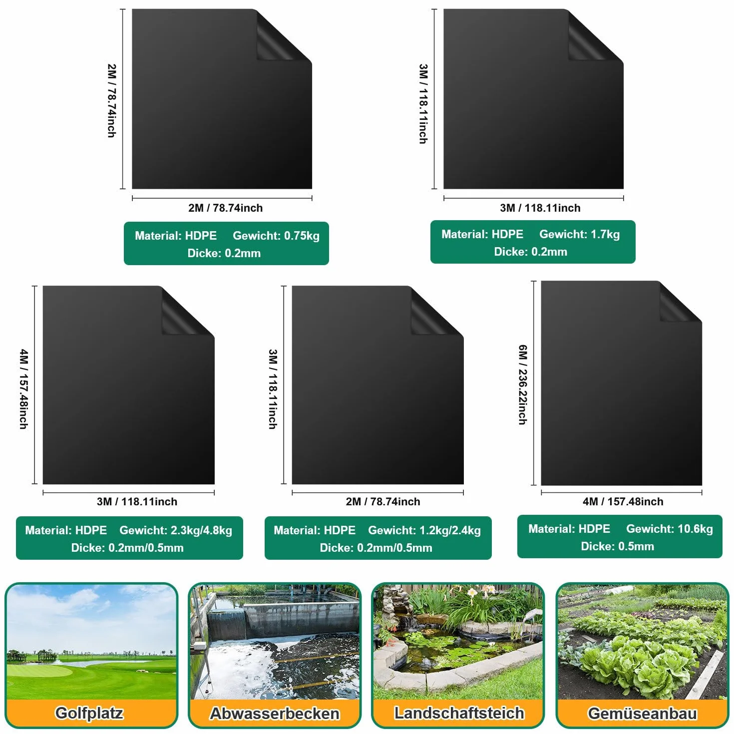 Bâche pour bassin 2 x 3 m Noir 0,5 mm Polyéthylène haute densité Protection UV