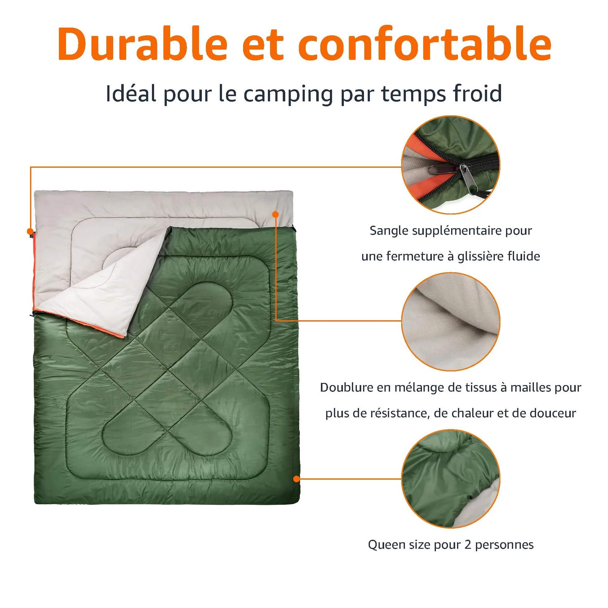 Amazon Basics Rectangulaire Sac de couchage camping randonnée temps froid Double size Vert olive