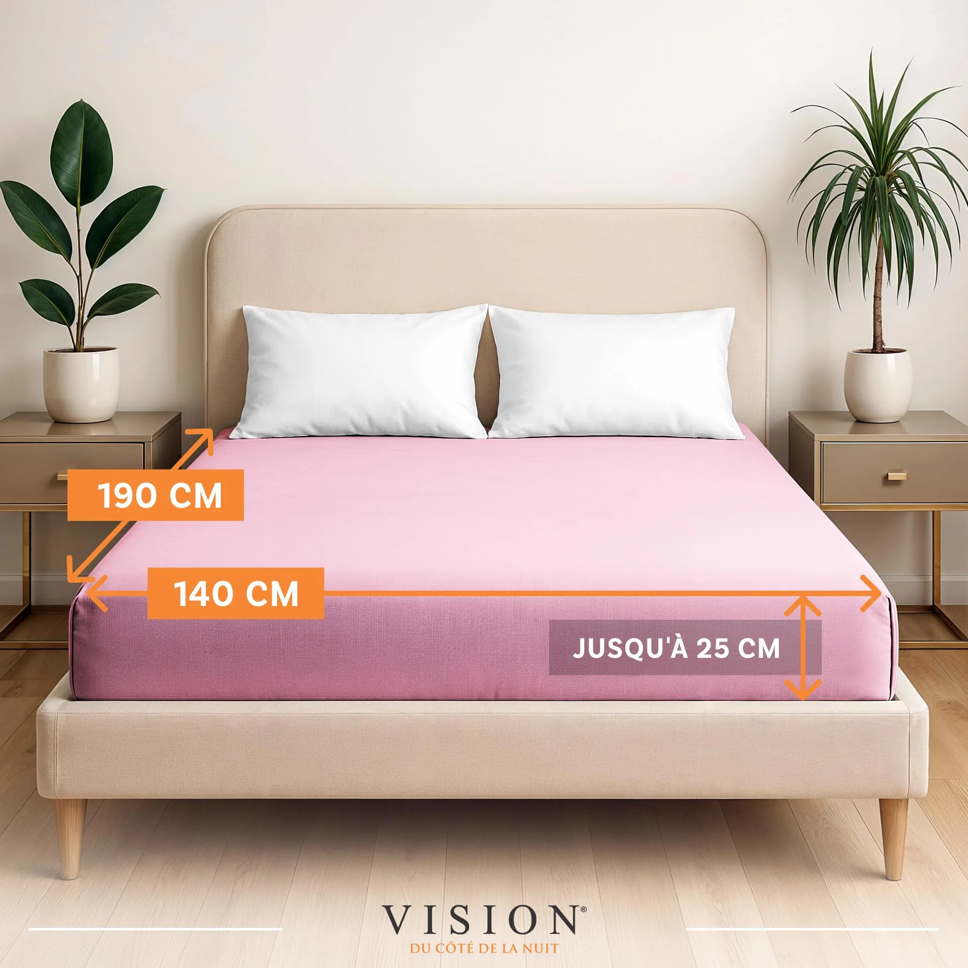 Housse de Couette 100% Coton Lit Double 140x190cm Rose Coins Élastiqués Tissage Serré 57 Fils Oeko-Tex