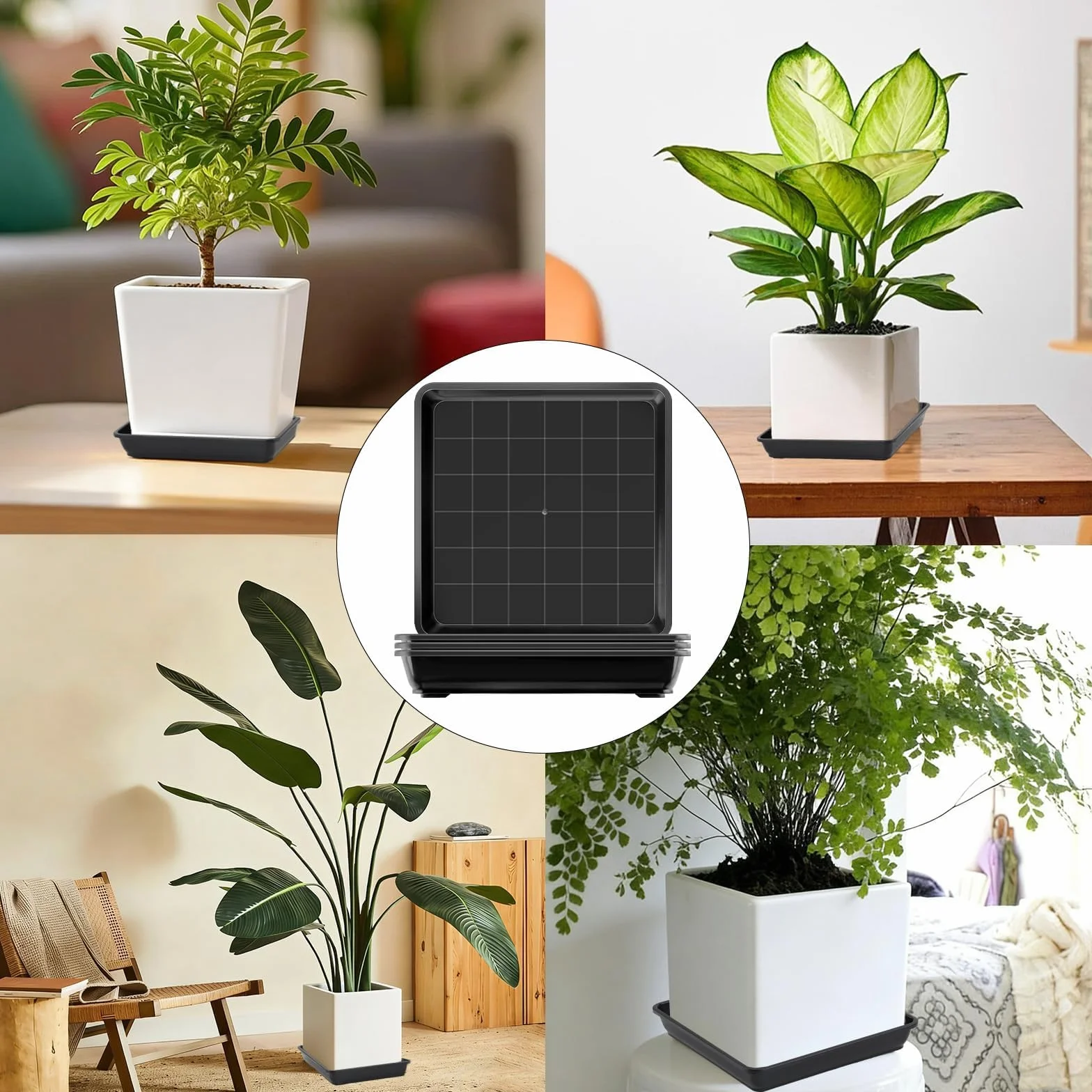 Soucoupe Carrée 35x35cm Noir Plastique Pot de Fleur Extérieur Intérieur 4 Pièces