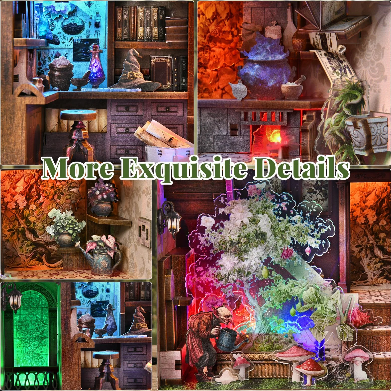 MiniCity Kit Book Nook Puzzle miniature en bois avec lumières LED 3D Maison de poupée Serre-livres Cadeaux créatifs édition Potion-Making