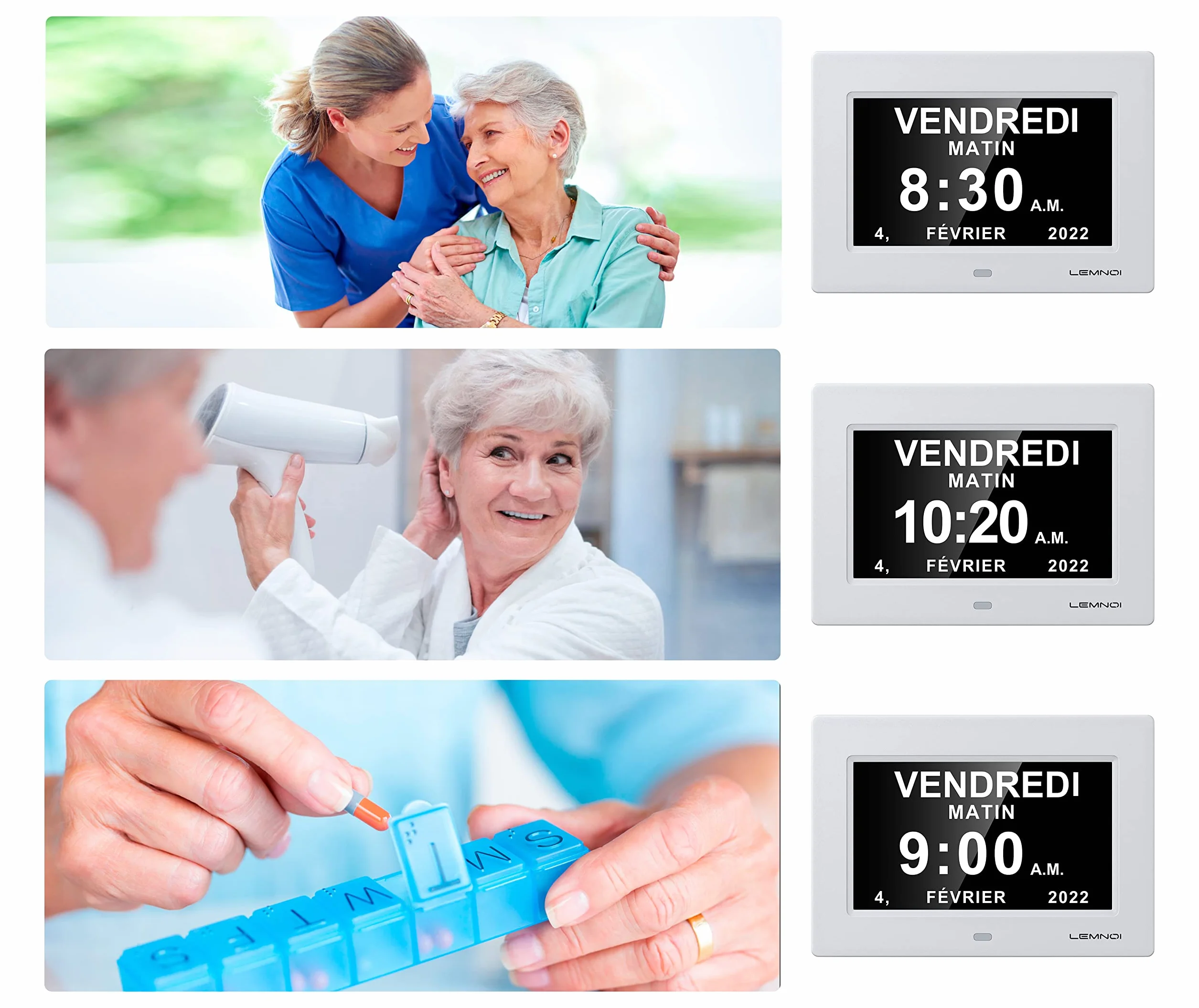 LEMNOI 7" LCD Digital Clock Calendar with Date Day Time Auto Dimming 8 Languages HD Display for Alzheimer Elderly Kids White