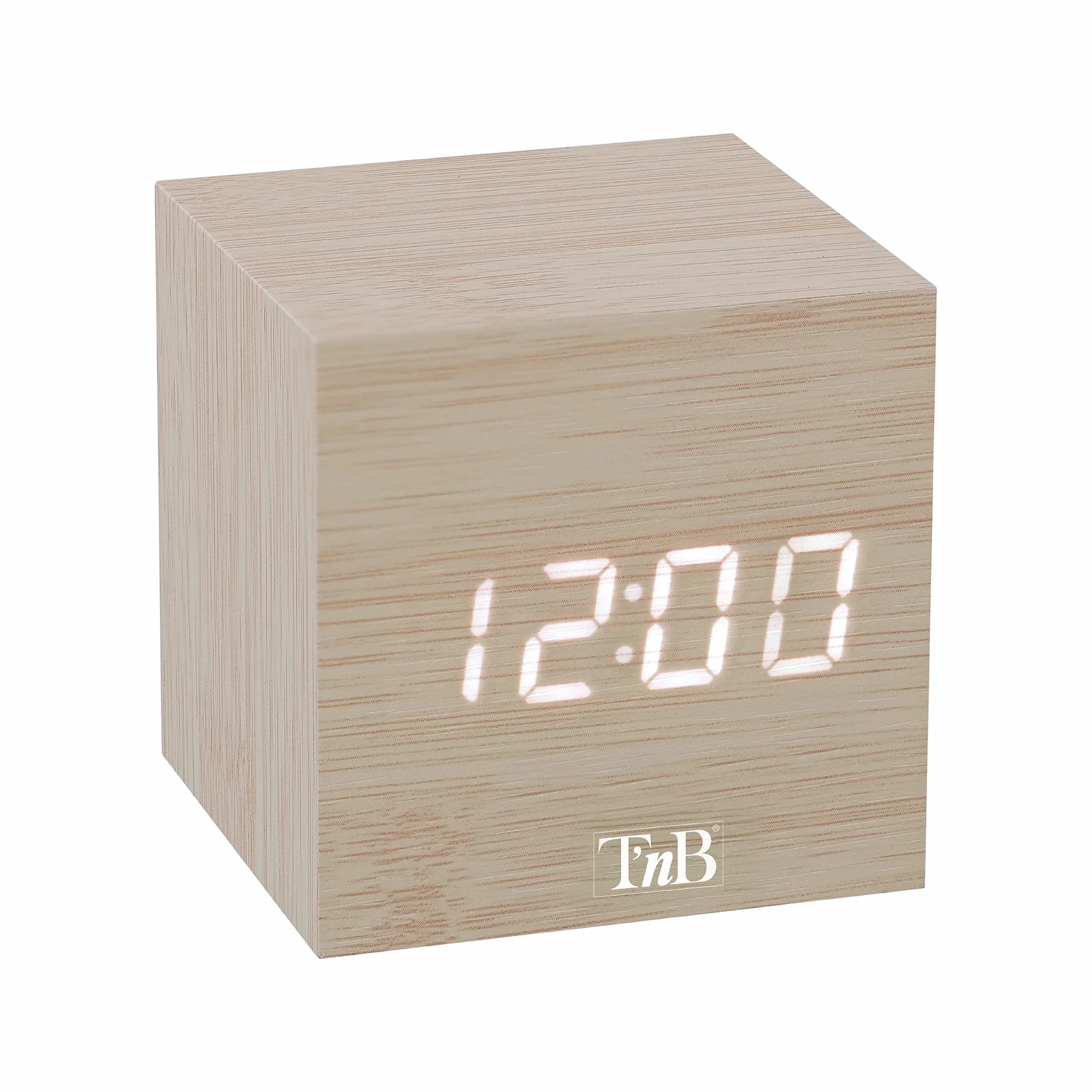 T'nB Cube Réveil Numérique 3 Alarmes Programmables Activation Tactile Vocale Affichage Heure Date Température Luminosité Réglable Bois