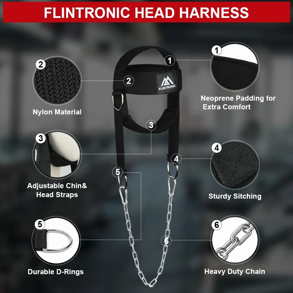 Flintronic Harnais de Tête d'entraînement, Harnais Musculation Cou, Réglable avec Fermeture, Sangle de Tête et Mentonnière, Pour Gym, Boxe