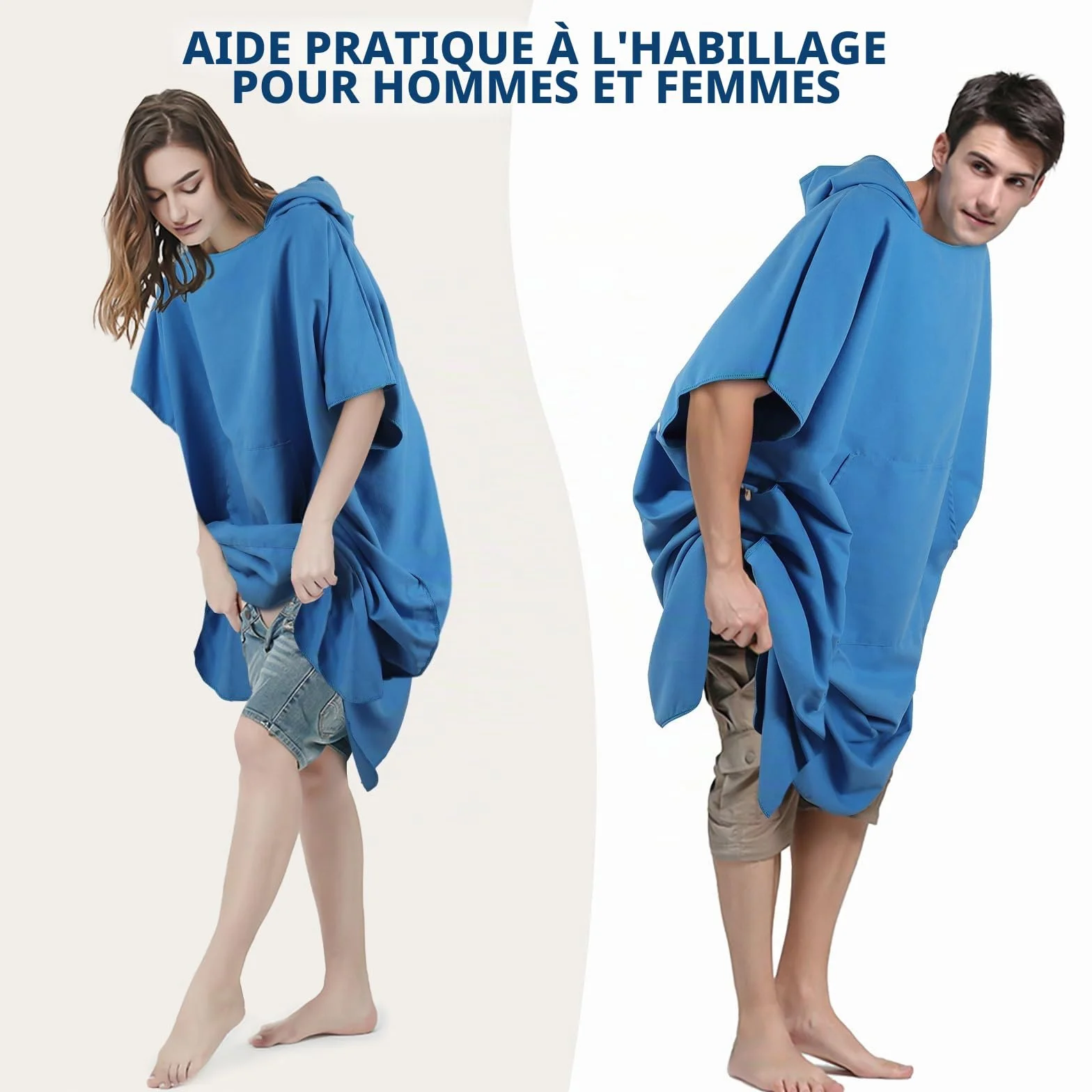 KUOGAS Poncho de Serviette, Poncho de Douche à Séchage Rapide en Microfibre (Bleu Ciel, Large)