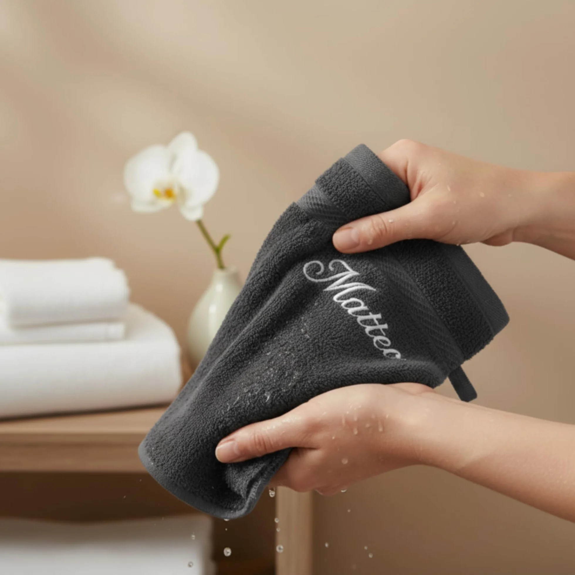 Gant de Toilette personnalisé Anthracite Éponge Coton 15x21 cm Broderie prénom initiales Fabrication Artisanale France Cadeau raffiné
