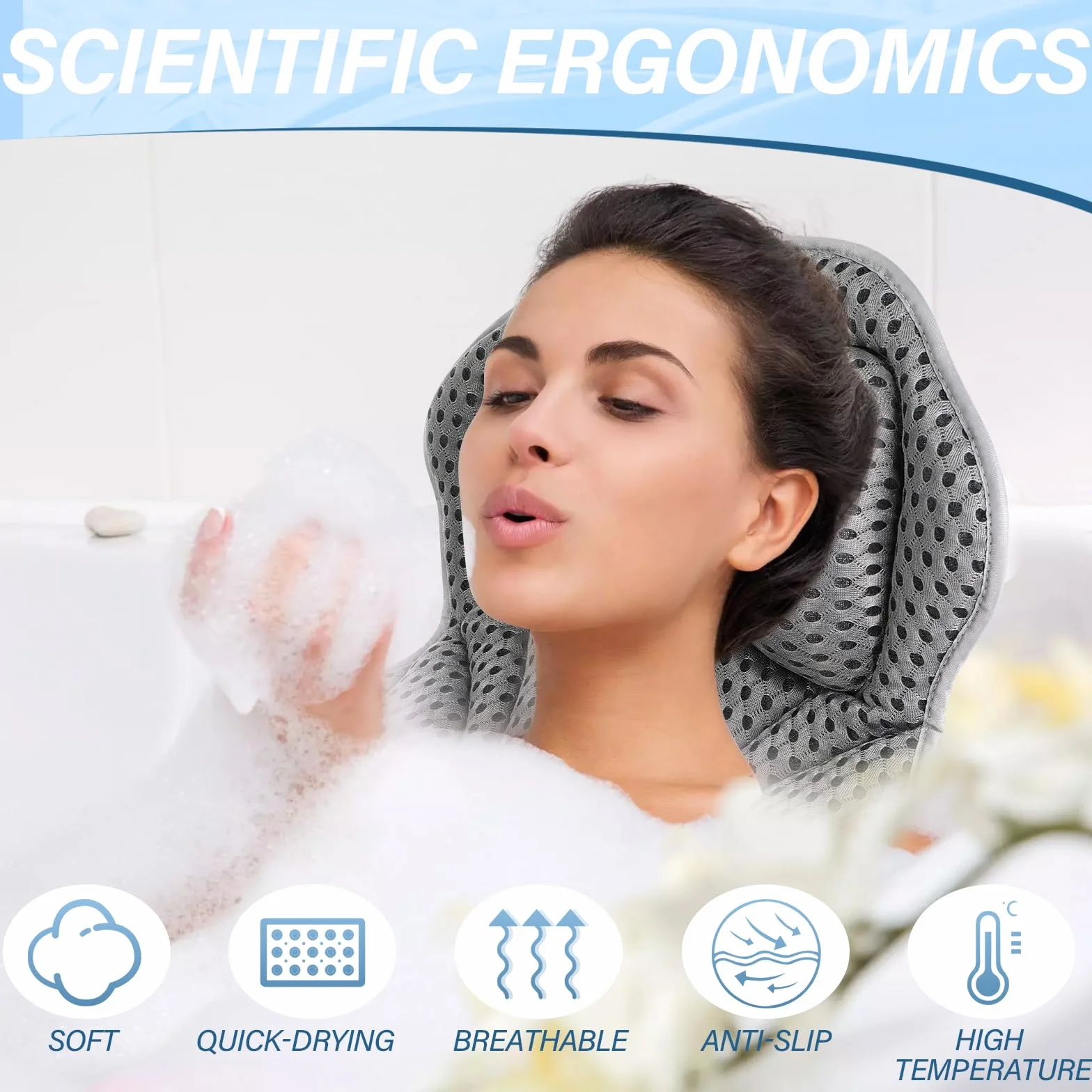 Oreiller de Bain avec 2 Ventouses Puissantes, Coussin Air Mesh 4D pour Ergonomique Dos Cou