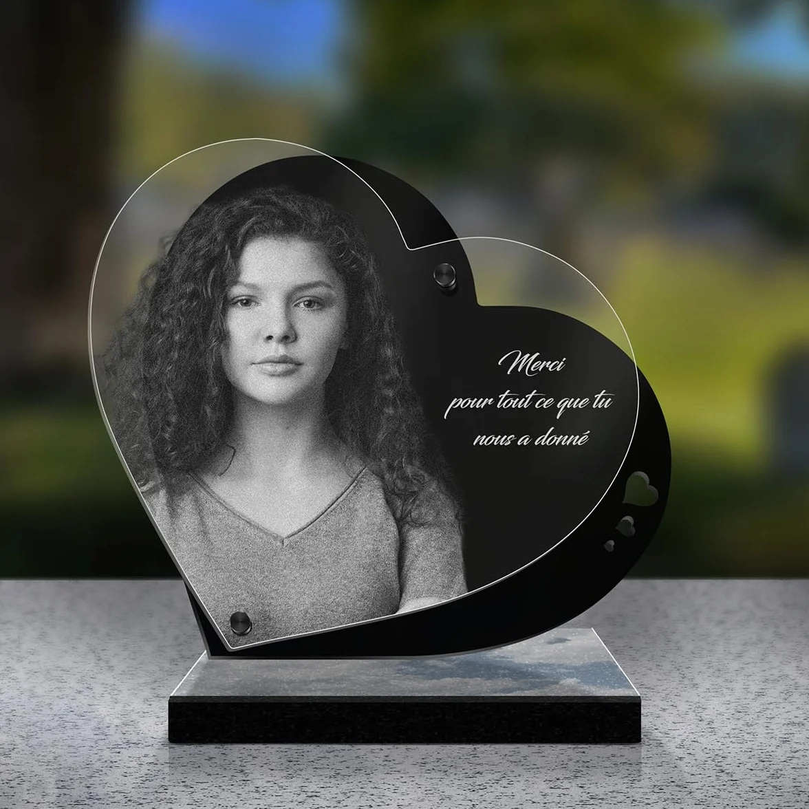 Plaque Funéraire Personnalisée Cœur Perpétuel Gravée au Laser Plexiglass pour Hommage
