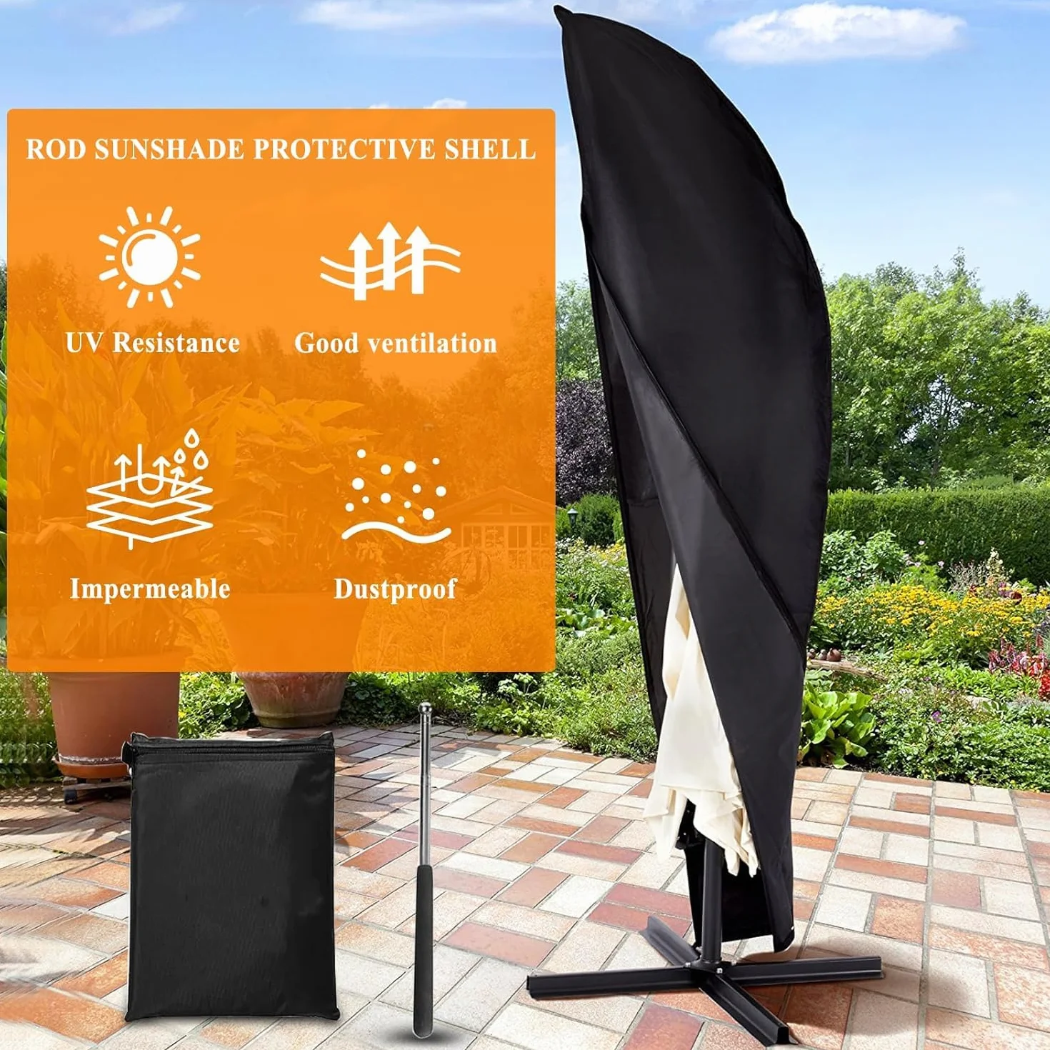 Housse de Protection pour Parasol 420D Imperméable Anti-UV 2,7-3,5 m avec Perche Télescopique