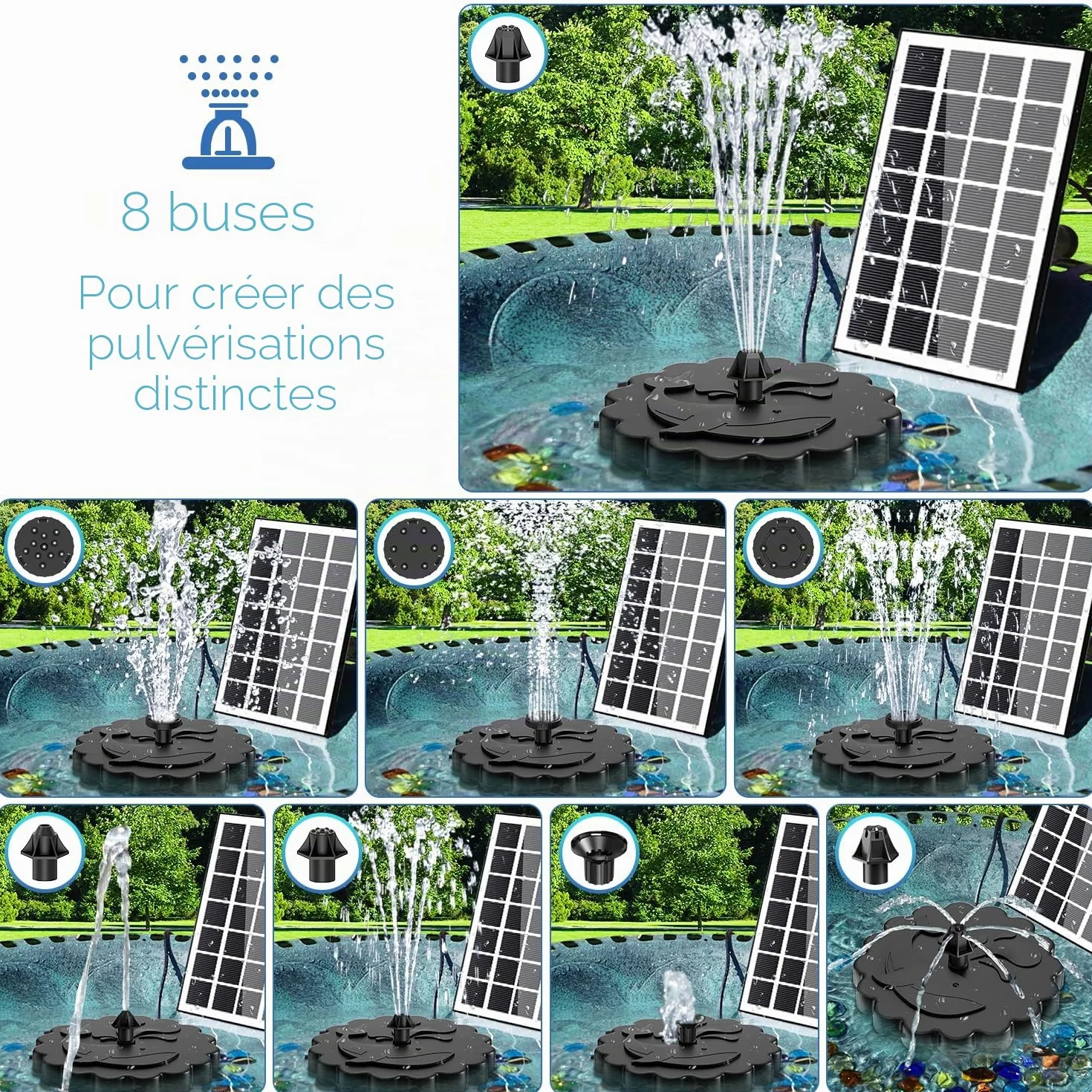 Fontaine Solaire 3.5W avec Pompe Bassin Extérieur, Câble 3M & 8 Buses