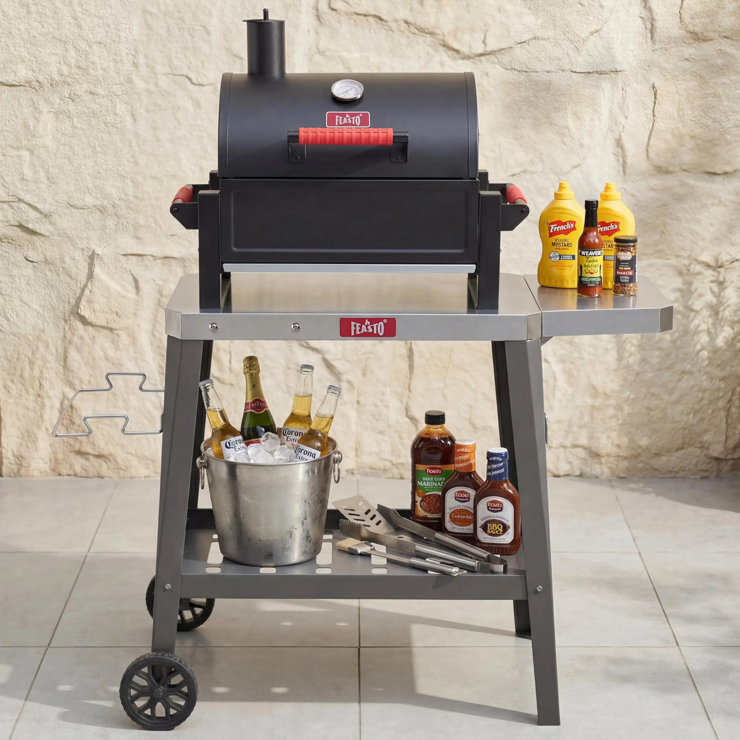 Feasto 2-Étagère Desserte de Jardin Pliable, Chariot de Barbecue Acier INOX, Gris
