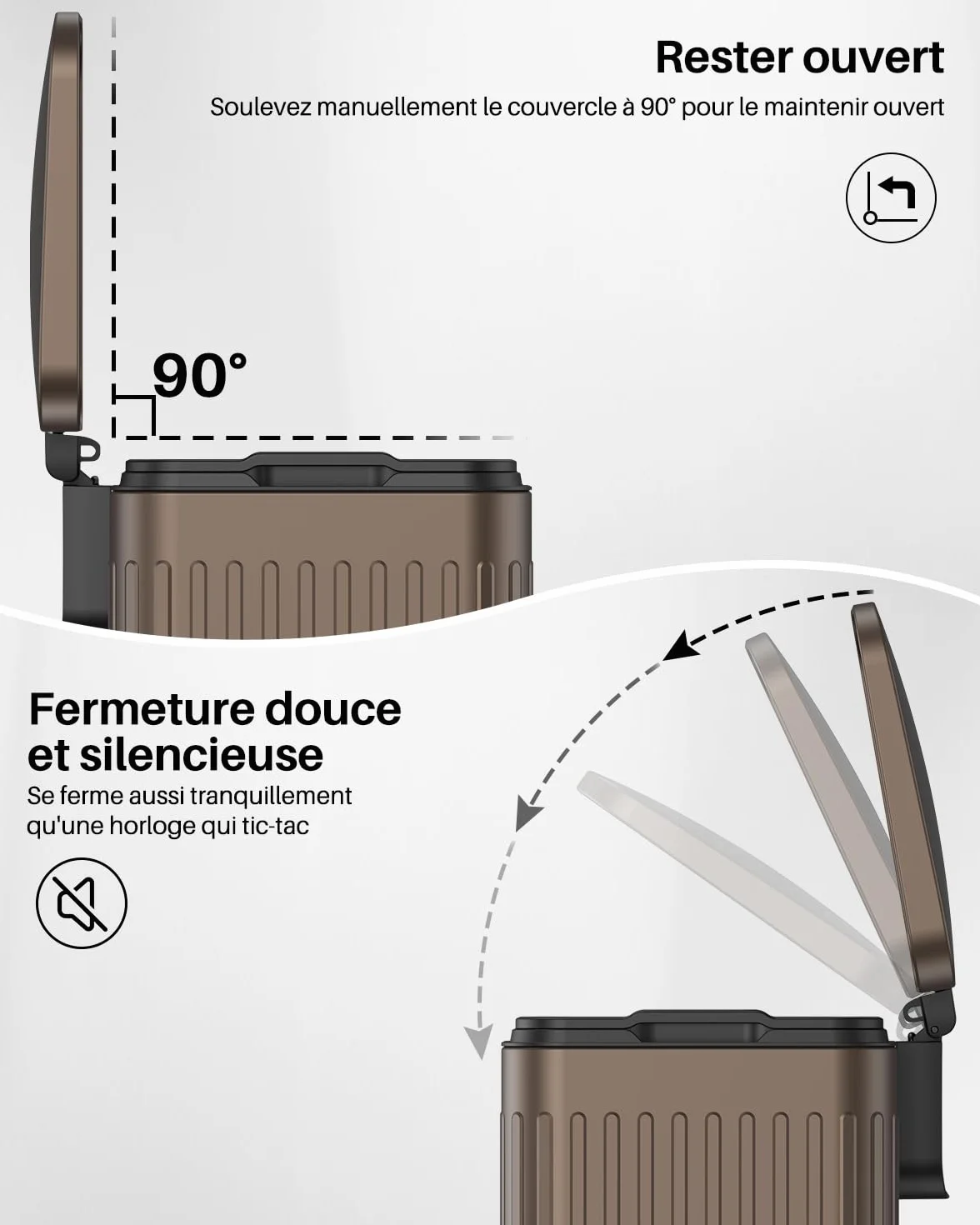 lovewind Poubelle 60L Inox Brun à Pédales, Couvercle Silencieux, Seau Intérieur avec Poignées