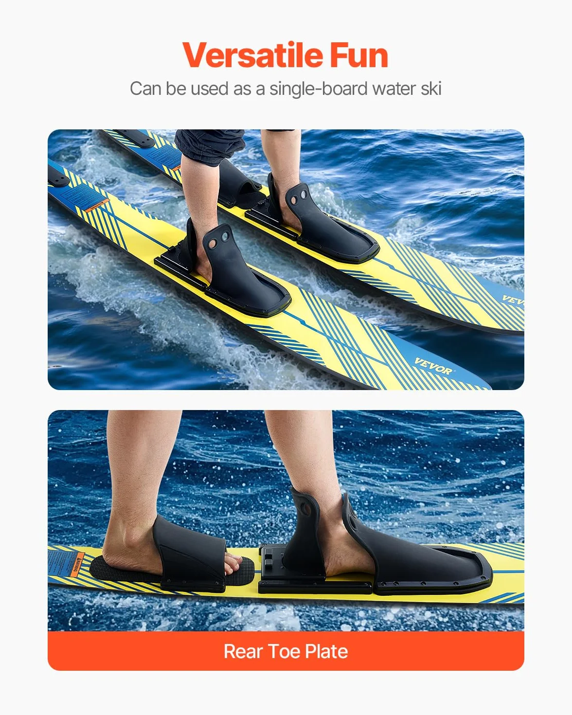 VEVOR Combo Skis Nautiques 170,2 cm, Matériels de Ski Nautique pour Adultes avec Fixations Réglables X-9 en Fer à Cheval et Plaque d'orteil Arrière Rembourrée, Revêtement UV Brillant, Sport sur l'eau