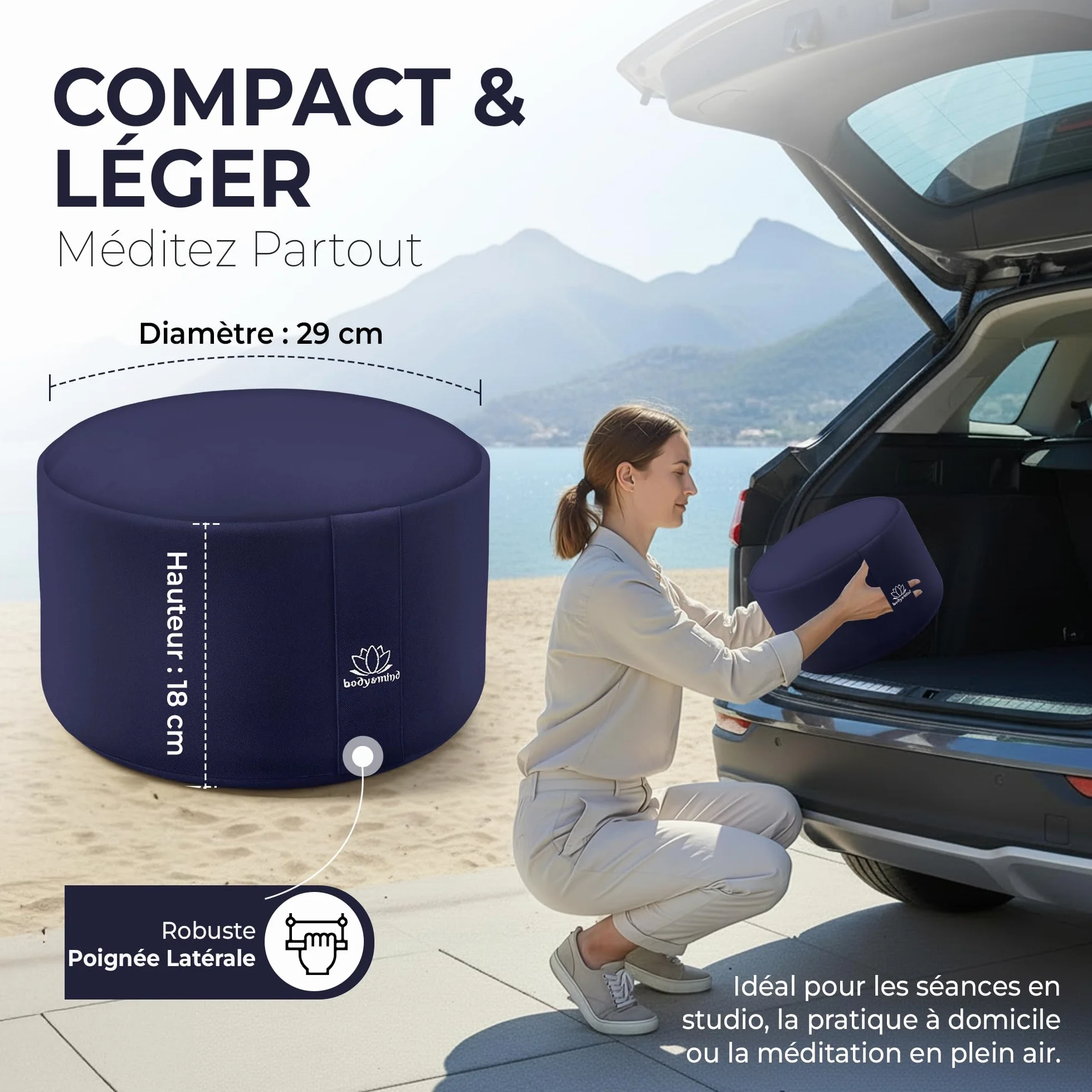 Body & Mind® Coussin de Yoga Coussin de Sol pour la méditation et Le Yoga ; Housse Lavable et Rembourrage Respirant de qualité supérieure ; Hauteur d'assise 19 cm