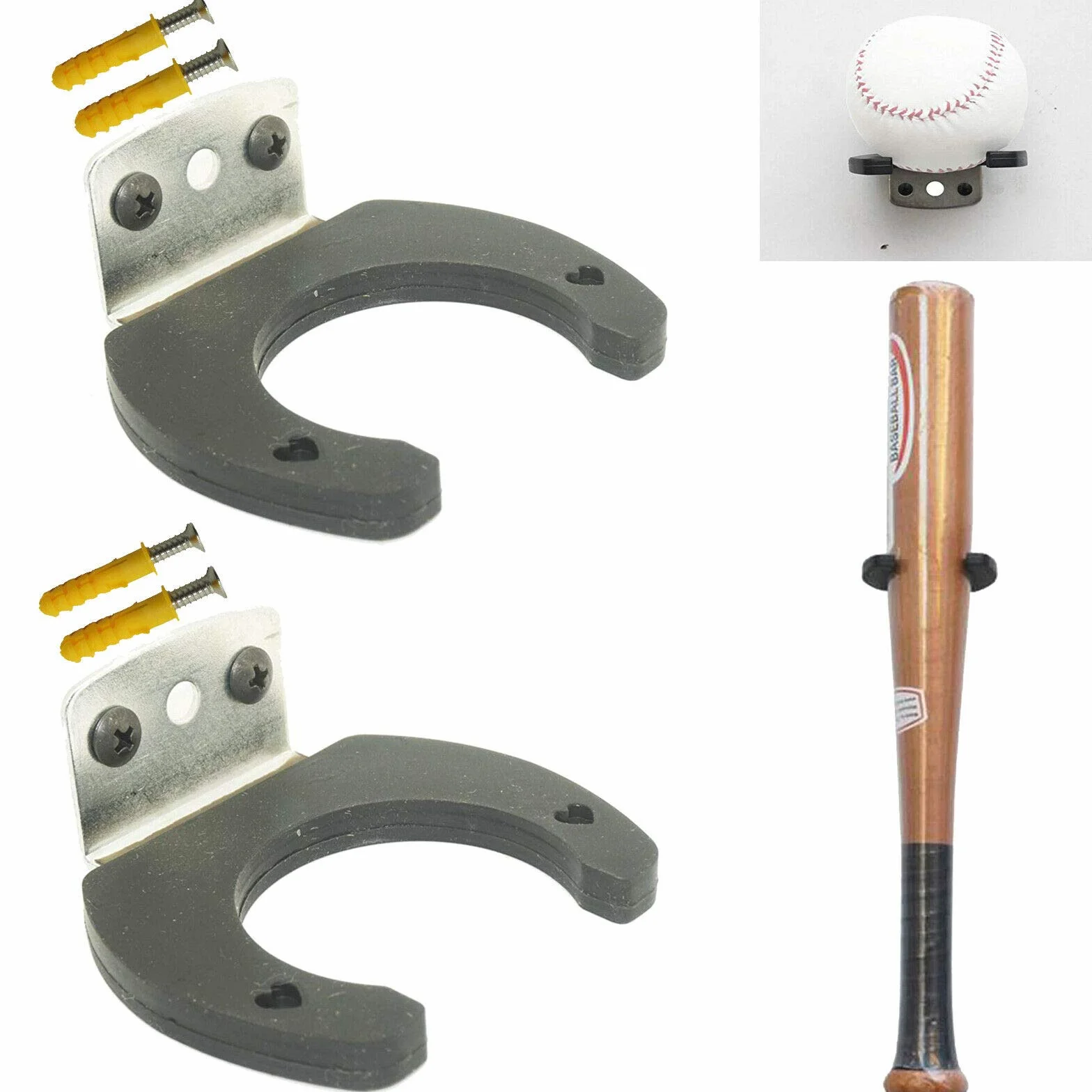 Lot de 2 supports pour battes de baseball/softball en acier avec crochets pour batte de baseball/softball Facile à installer – Support robuste pour rangement et organisation de baseball