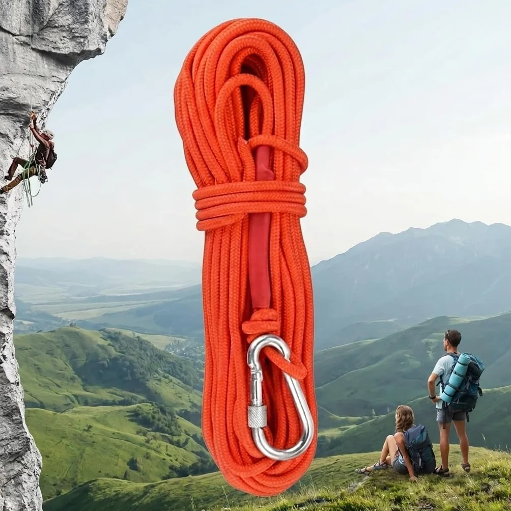 Corde Tressée Polypropylène avec Mousqueton Anti-Corrosion pour Escalade Pêche Alpinisme