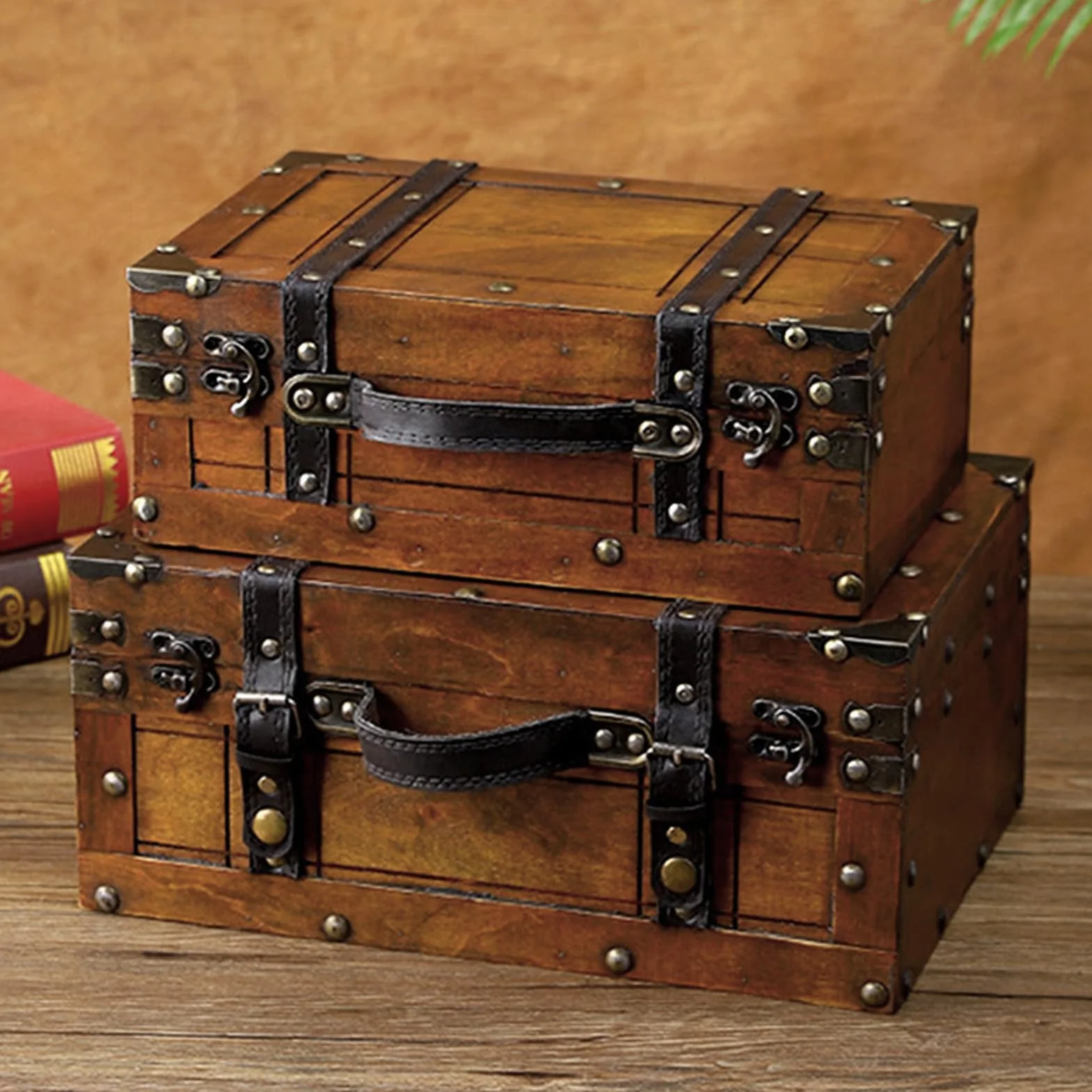 Coffre de Rangement en Bois Rétro Vikye avec 2 Verrous en Bronze, Grand