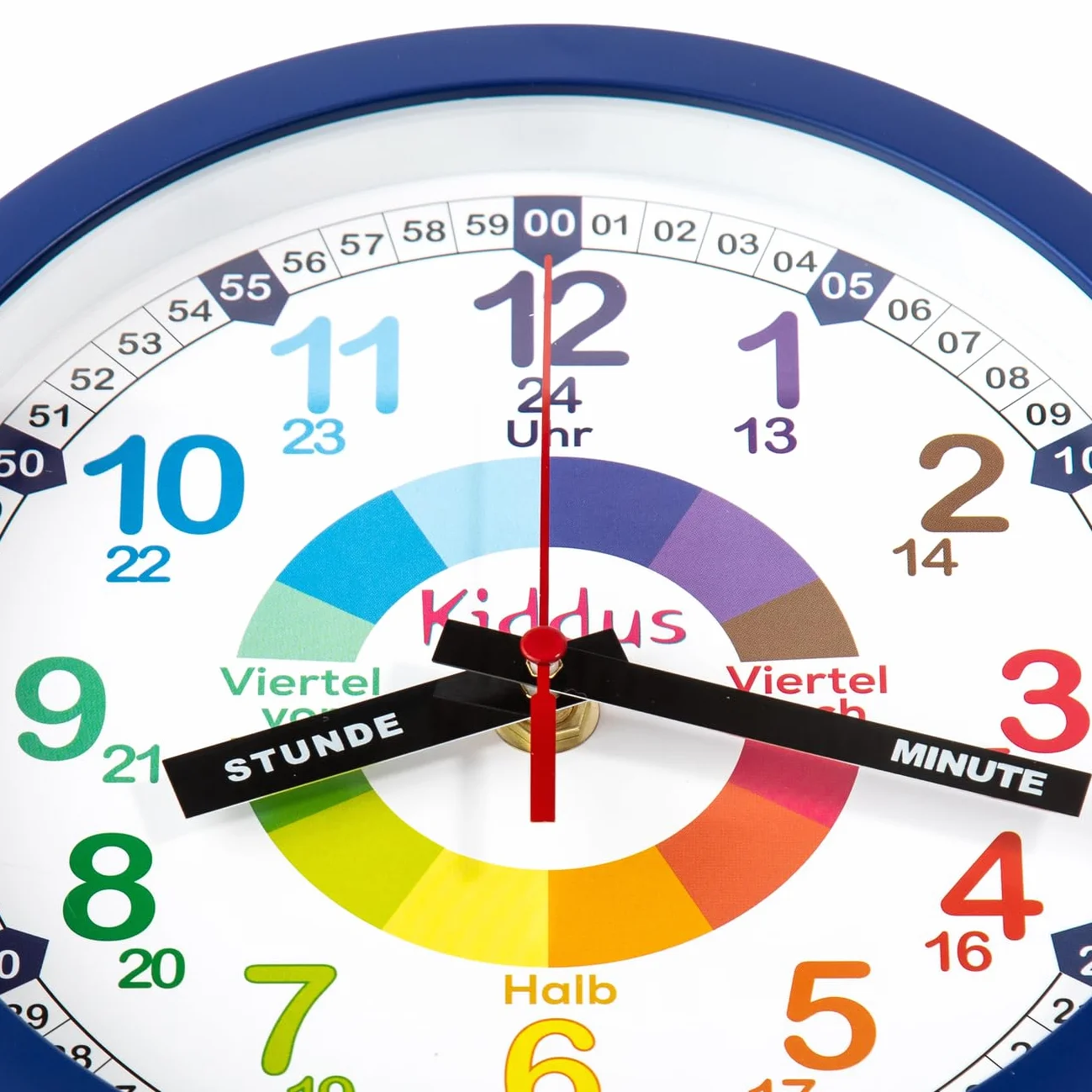 Kiddus Horloge Murale Enfant Apprendre l'Heure 30cm Aiguilles Inscrites Heure Minute Silencieuse Chiffres Colorés