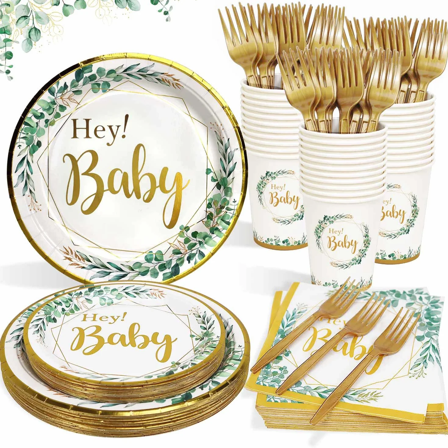 Baby Shower Vaisselle Assiette Sert 25 Invités 125pcs Neutre Bapteme Vert Sauge
