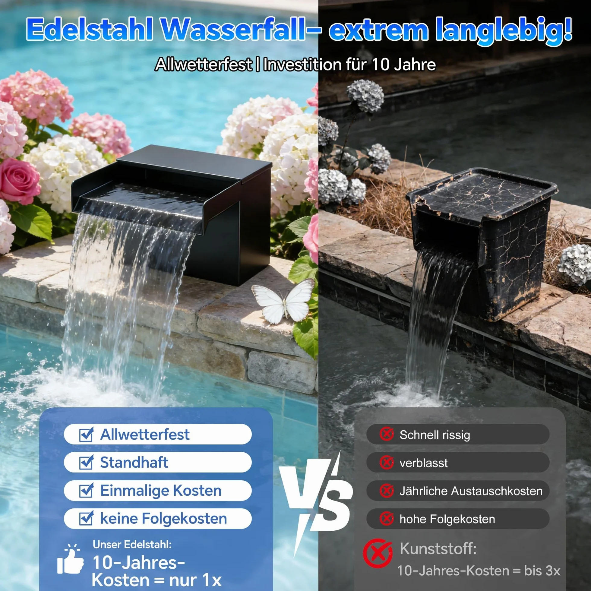 Ensemble complet de cascade solaire en acier inoxydable 50W pompe 40W 2100L/H 20 cm pour bassin de jardin