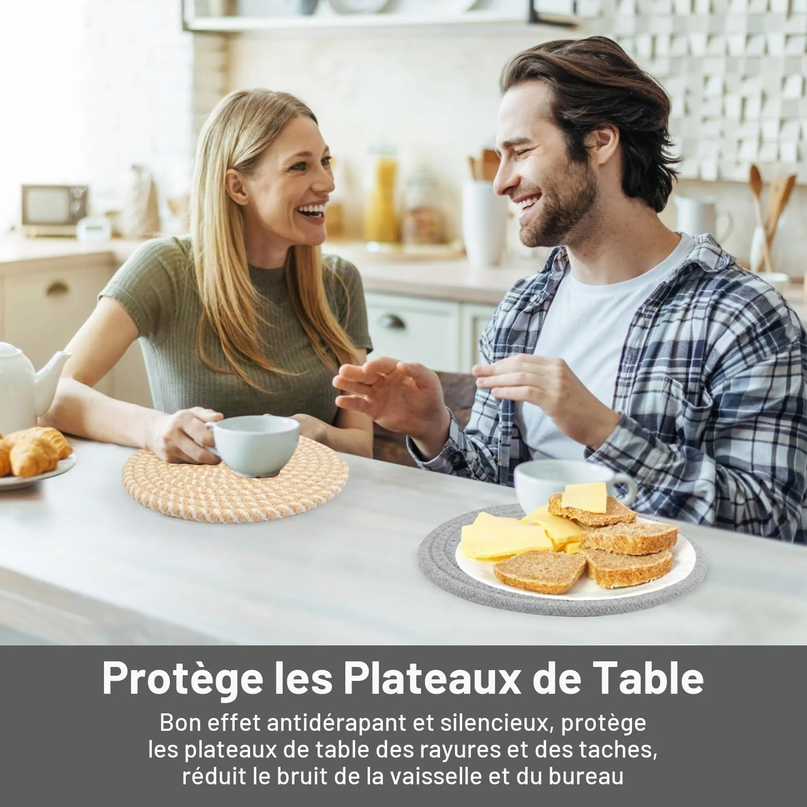 Lot de 4 Dessous de Plats Résistants à la Chaleur 18 cm en Coton Tissé Ronds