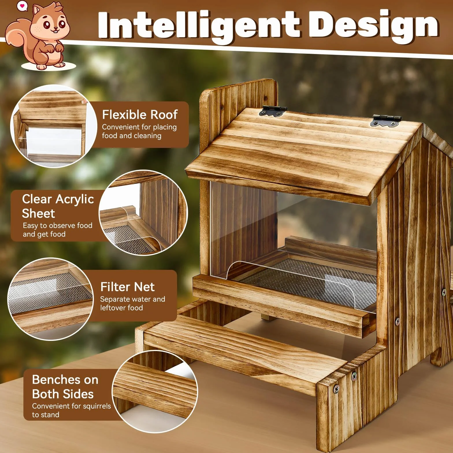 Mangeoire en bois pour écureuil extérieur - Mangeoire pour écureuils et tamias