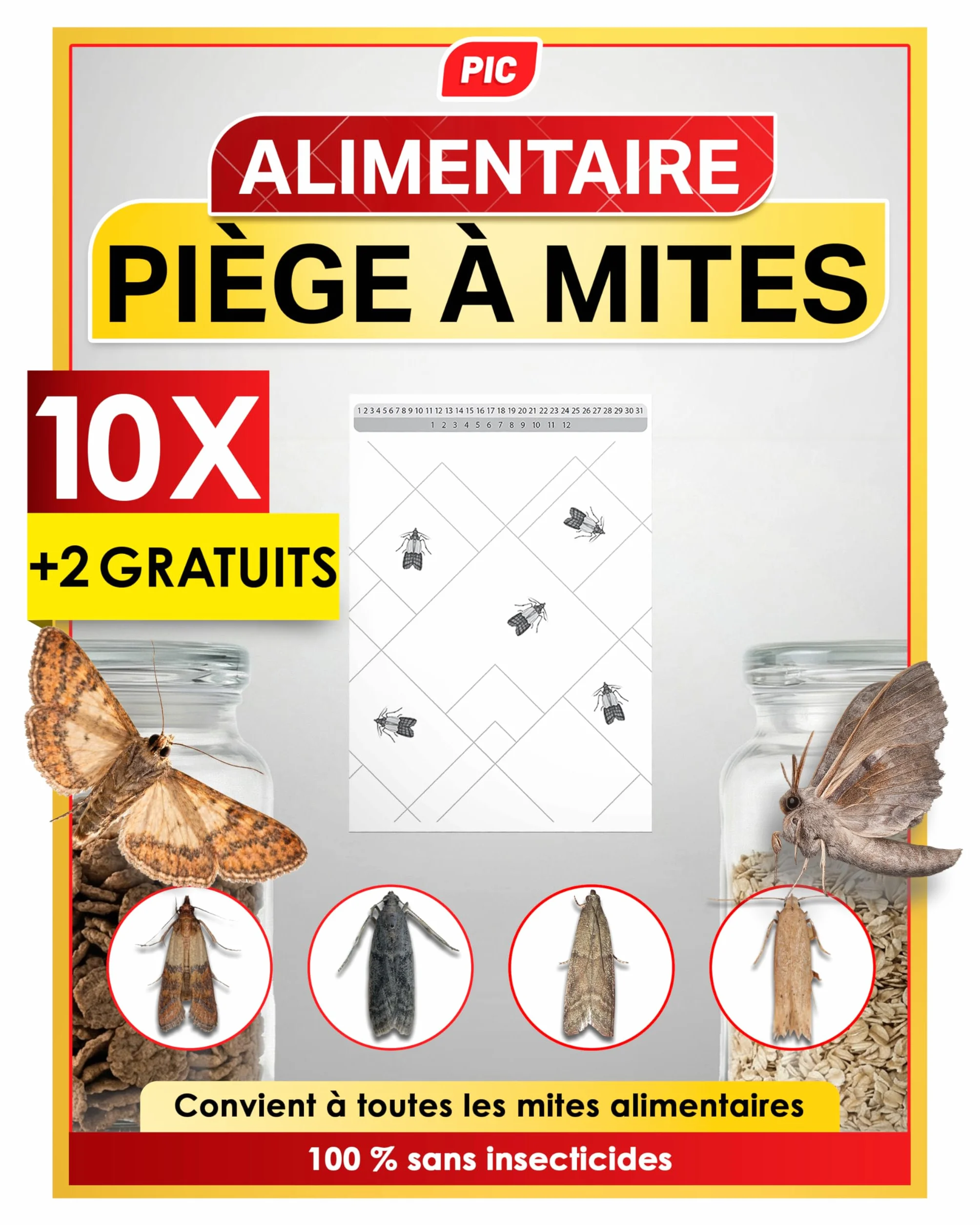 PIC Pièges à Mites Alimentaires 12 Pièges Anti Mites Alimentaires avec Phéromones Protection 8 Semaines