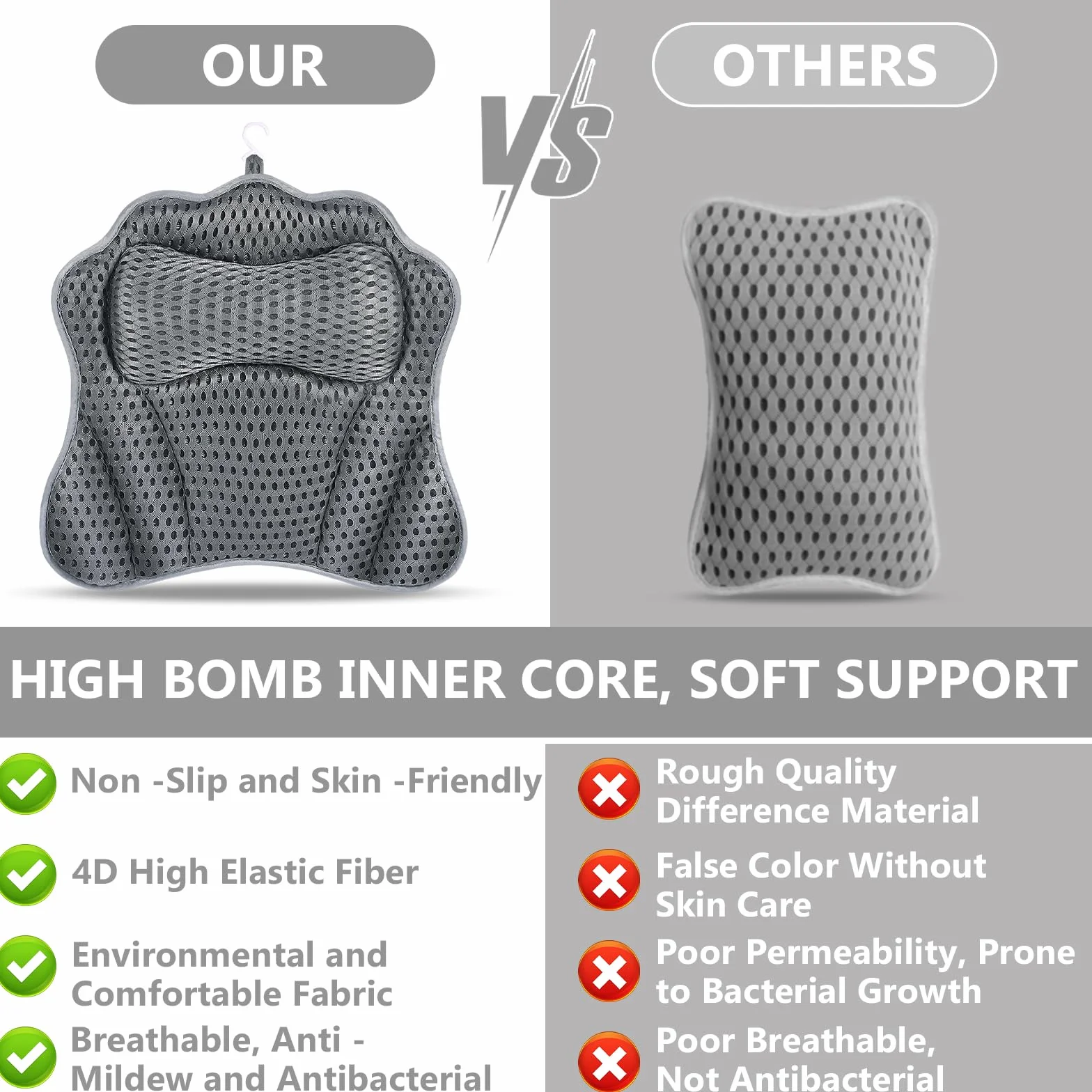 Oreiller de Bain Coussin Baignoire Technologie 4D Air Mesh 6 Ventouses Gris 41x48cm
