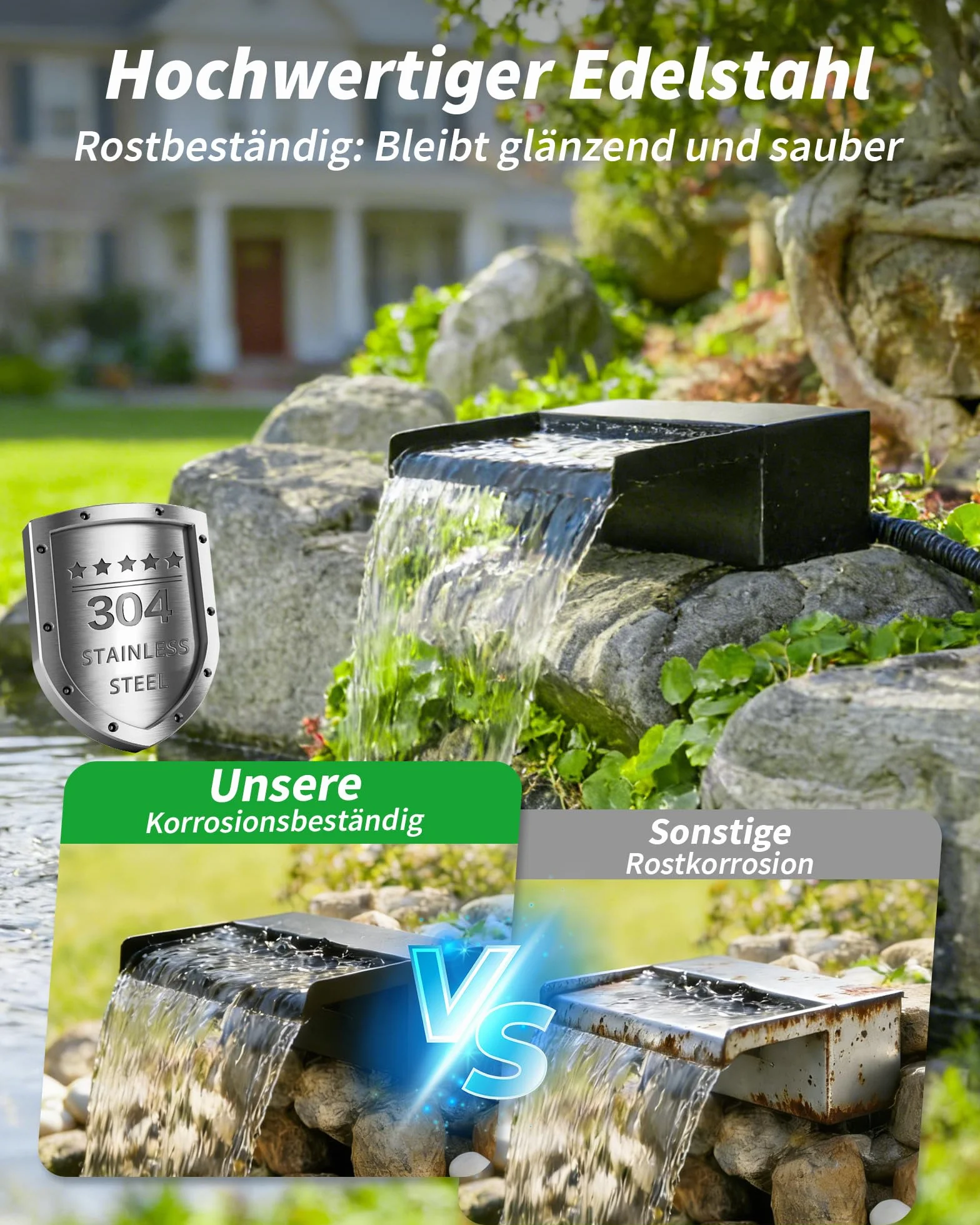 POPOSOAP Cascade de Bassin Solaire 70W, Bac Acier Inoxydable 30cm, Pompe 2500 L/h, Tuyau 3m