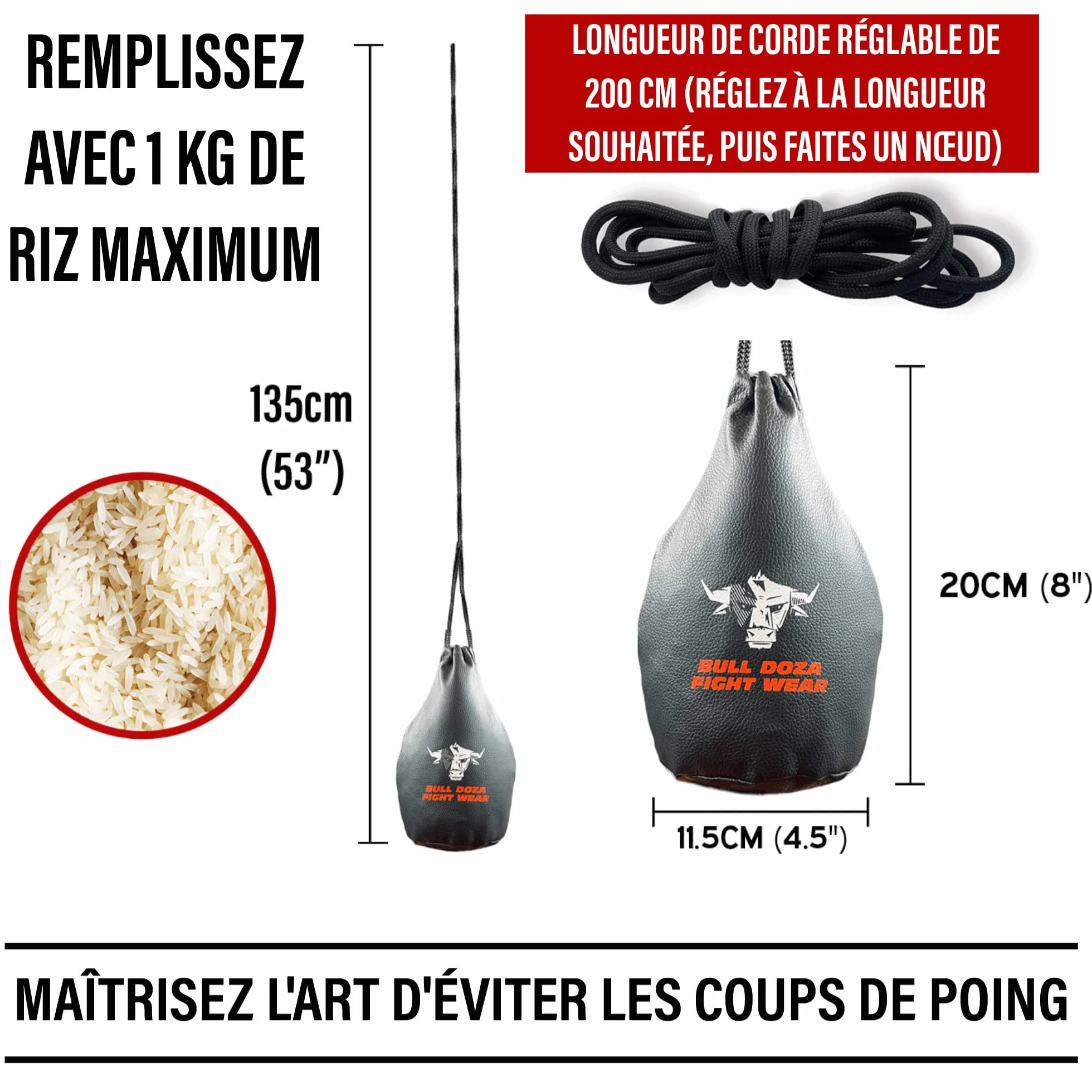 BULL DOZA FIGHT WEAR Slip Reaction Bag - Largeur de Frappe - 1 kg Une Fois rempli - Corde de 2 m Incluse - Sac de Frappe MMA - Noir - Sac de défense #1 1 (sans Boxe) (Noir)(M)