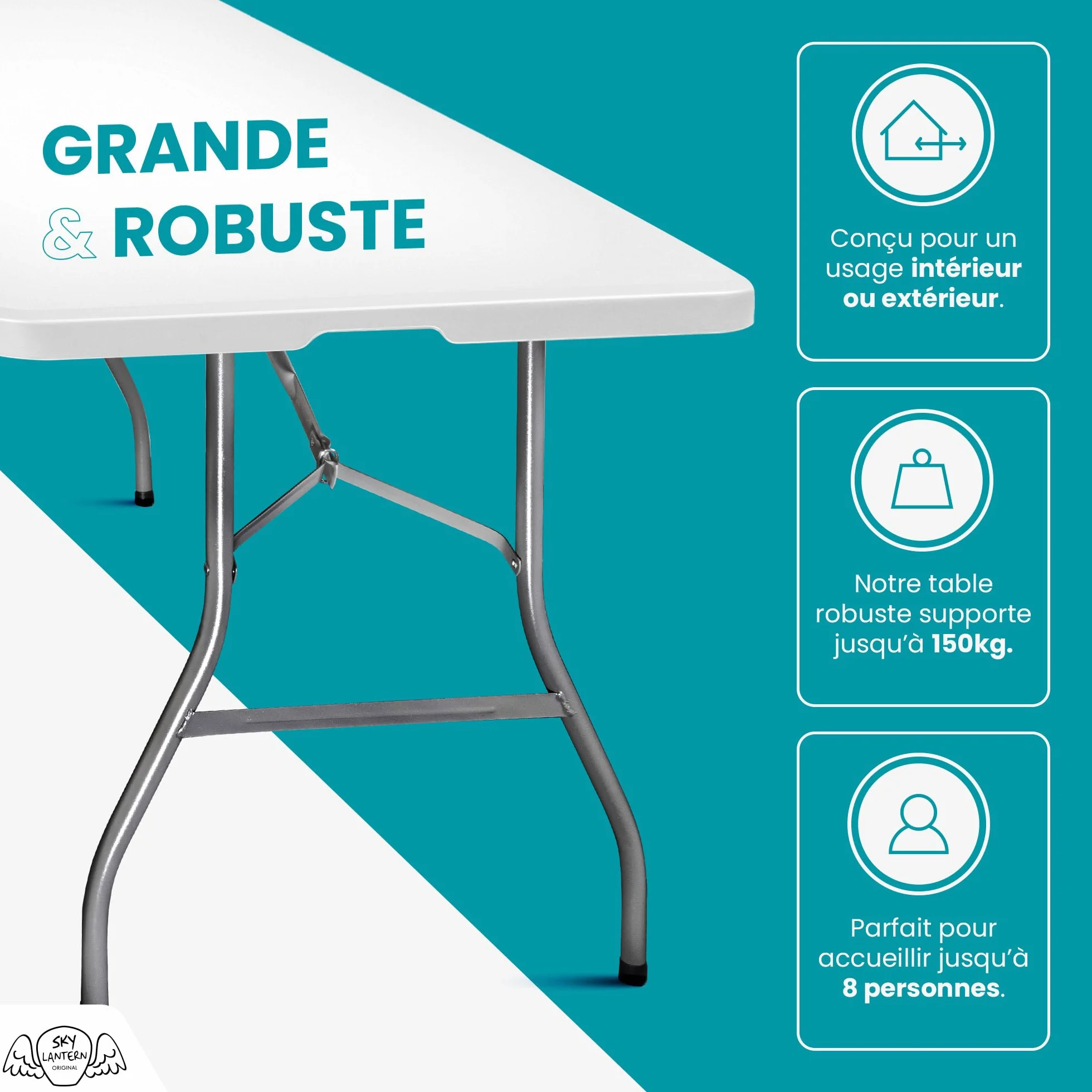 SKYLANTERN® Table Pliante Rectangulaire 180x75x74 cm Gris Clair - Table de Camping 8 Personnes HDPE 3,5 cm - Table de Jardin Pliante