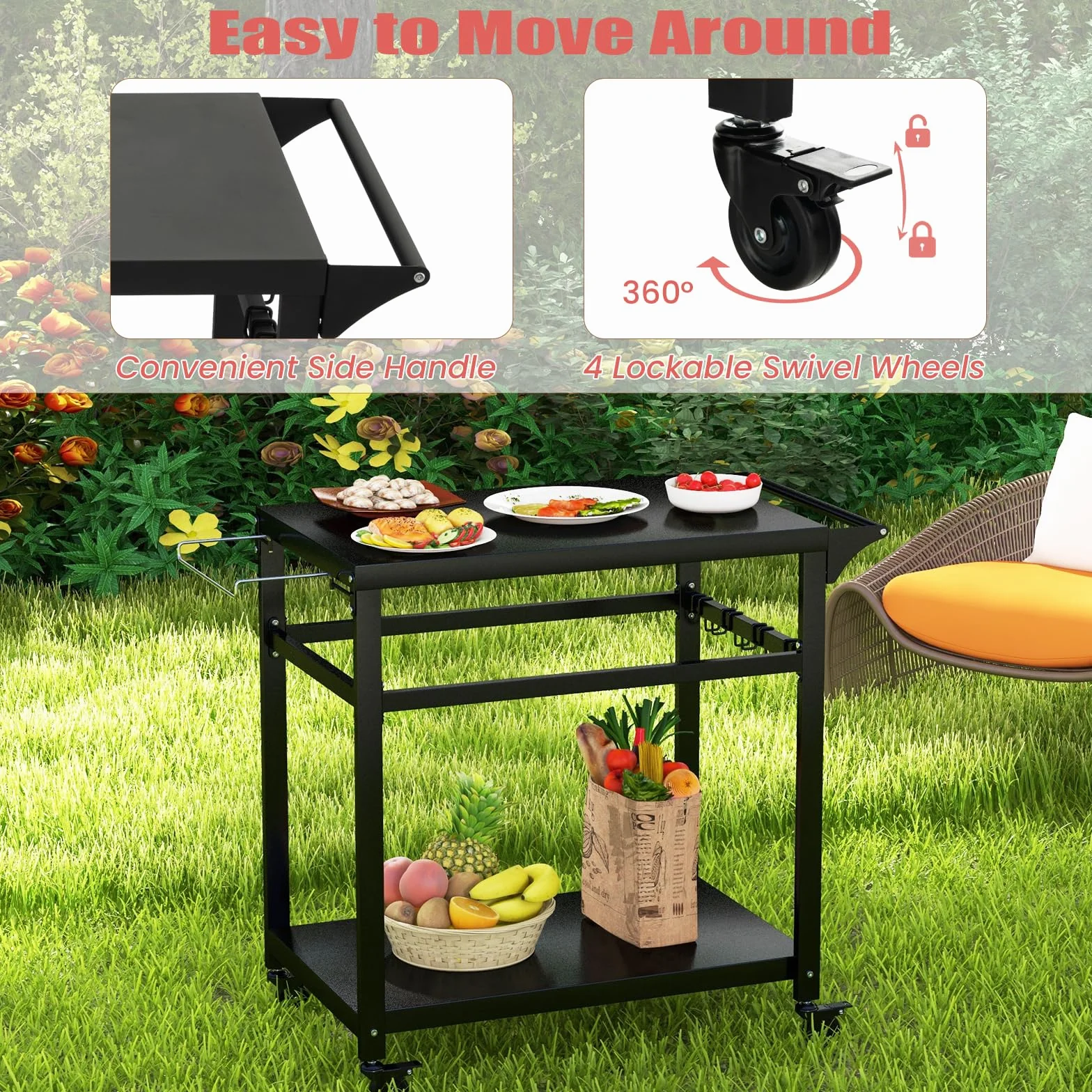 KOMFOTTEU Chariot Barbecue 2 Étagères Desserte Jardin 108 x 50,5 x 88 cm