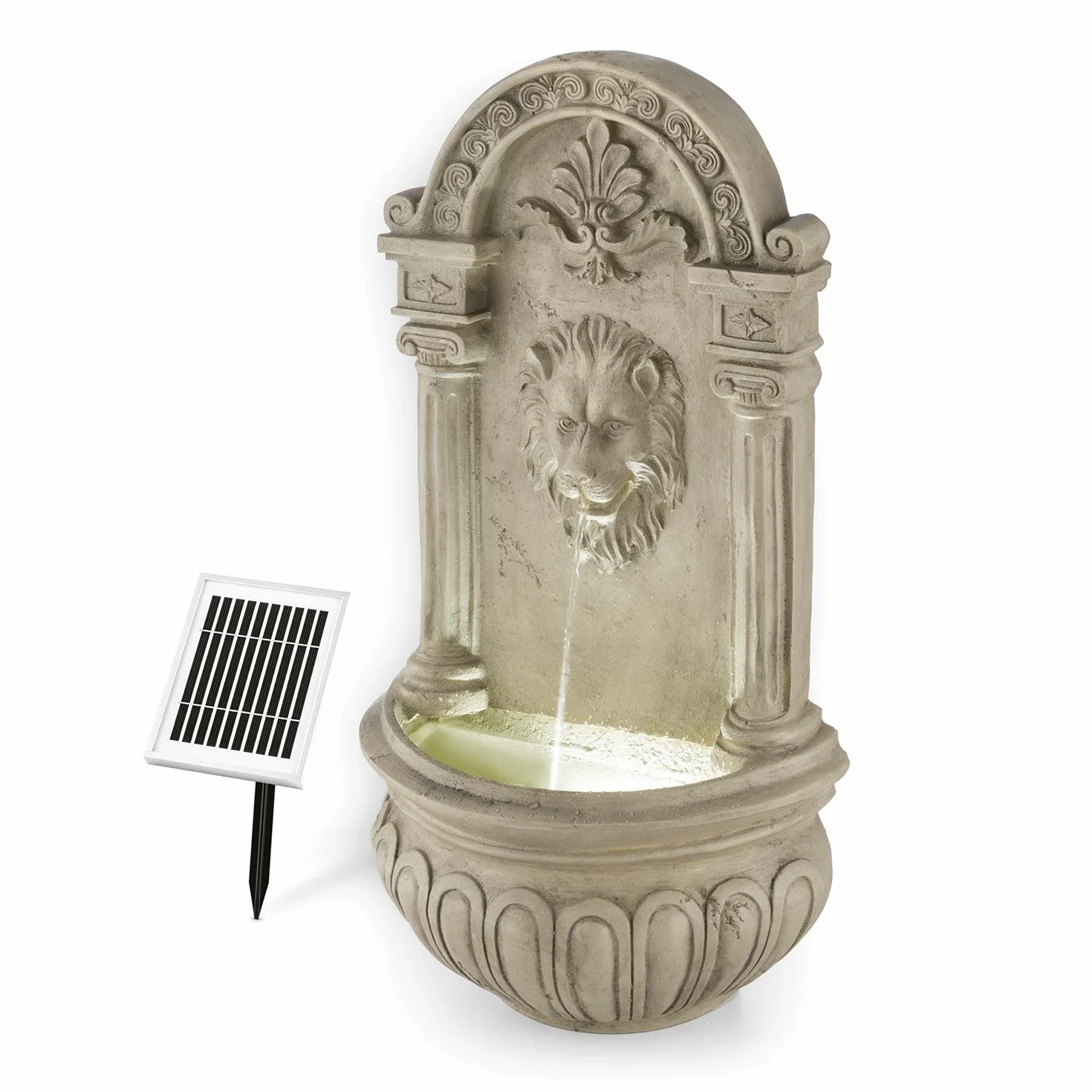 Blumfeldt Löwenstein Fontaine Murale Solaire Jardin Tête Lion Pompe Solaire 2W Polyrésine 4 LED Blanches Câble 5m Panneau Solaire Batterie Imitation Pierre