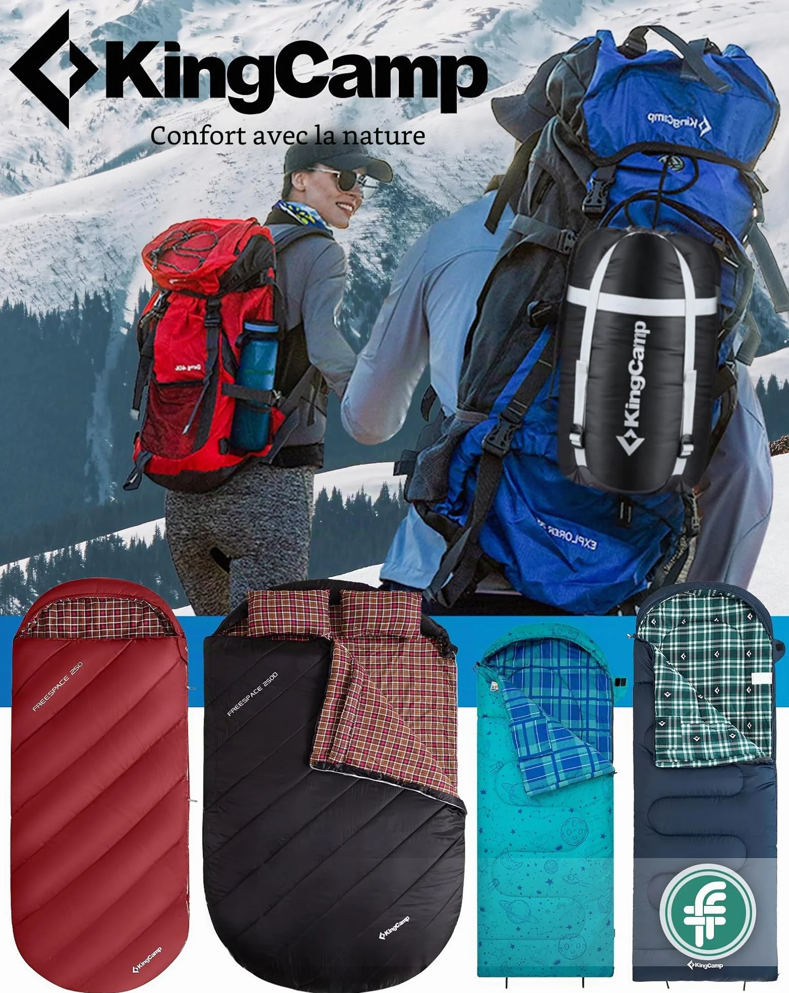 KingCamp Sac de Couchage pour Adultes Enfant Flanelle de Coton 3-4 Saisons Ultralight Extra Large Sac de Couchage Camping Chaud Compact Portable Grand Froid pour Camping Randonnée Extérieur Intérieur