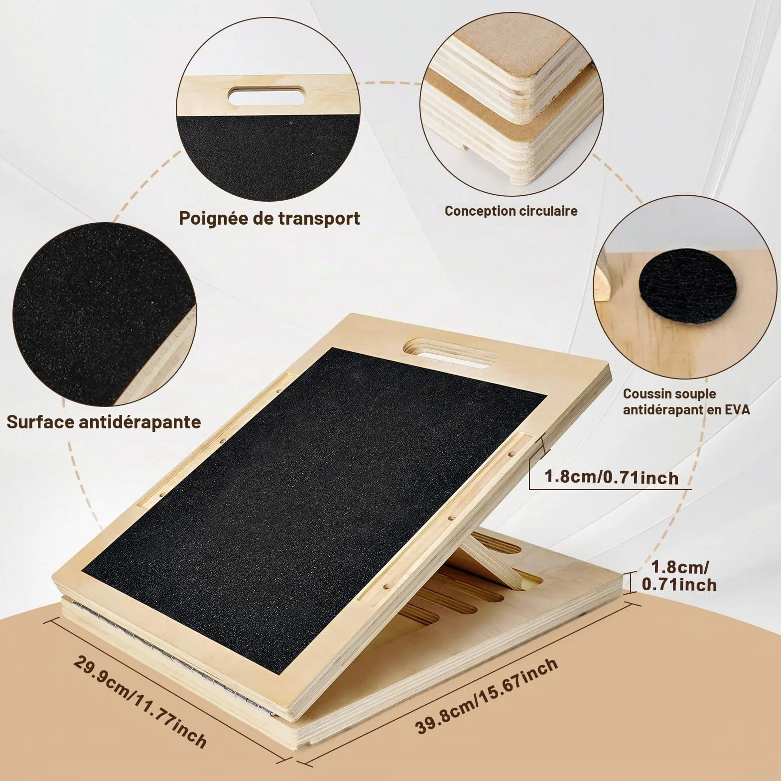 Planche D'équilibre et Planche Inclinée en Bois, Balance Board Antidérapante, Réglable Slant Board de Remise avec 5 Angles D'inclinaison, pour Les Squats, L'étirement Musculaire et L'équilibre