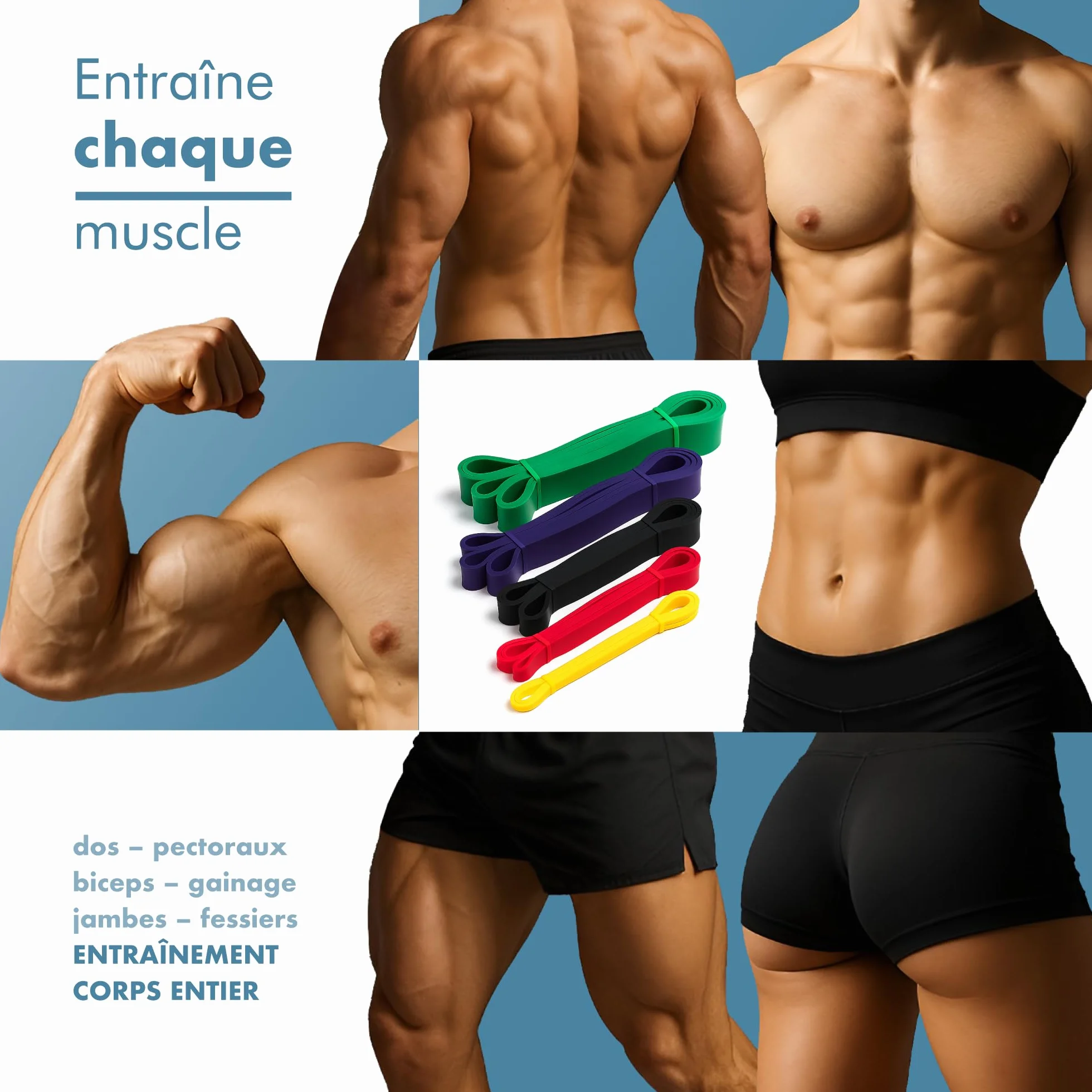 PORTENTUM Bande Élastique Musculation Set Résistance 4-5 Niveaux Poignées Ancrage Porte Housses Sac