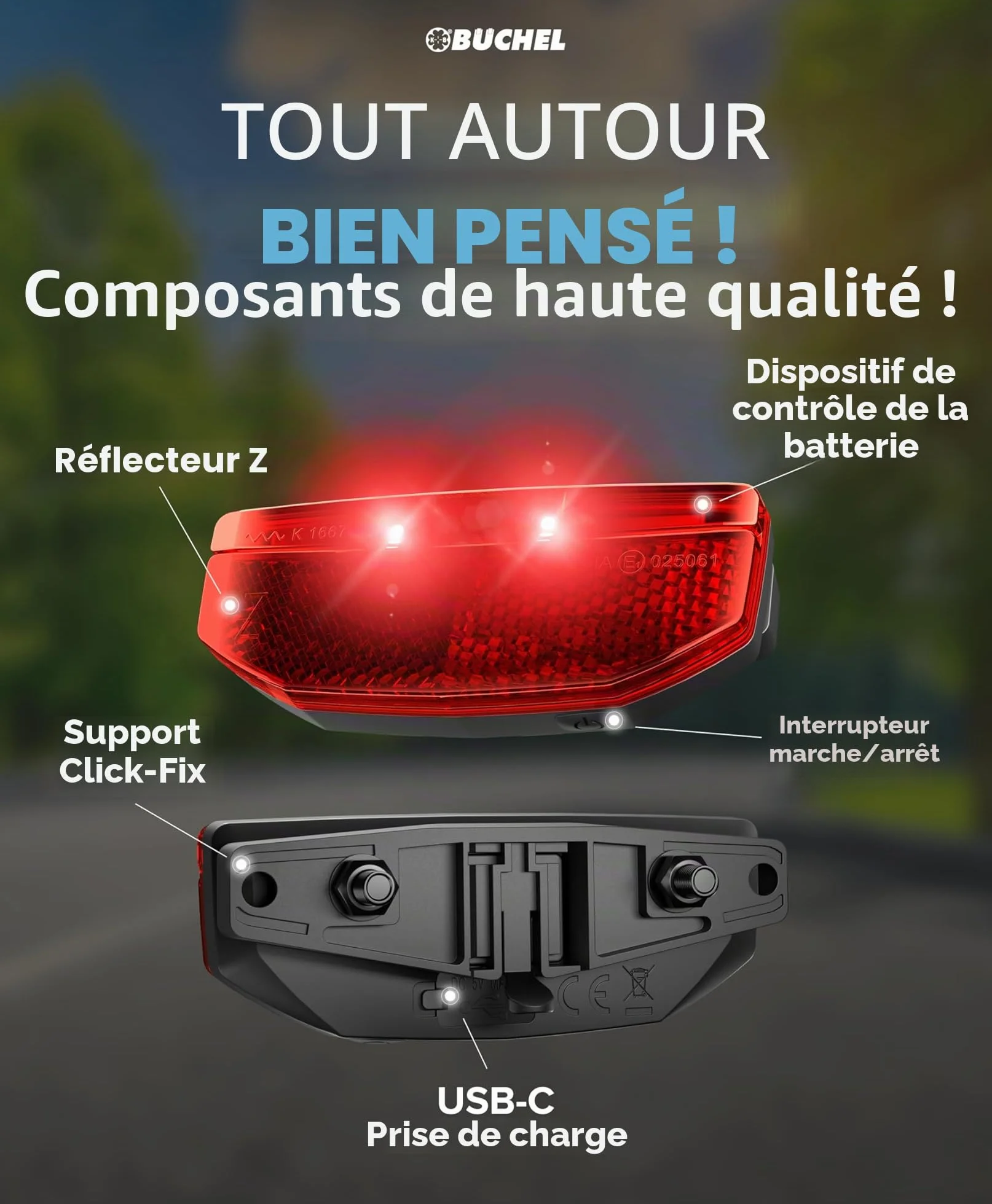 Büchel Feu arrière LED pour porte-bagages – USB-C rechargeable, approuvé StVZO, étanche IPX5, noir