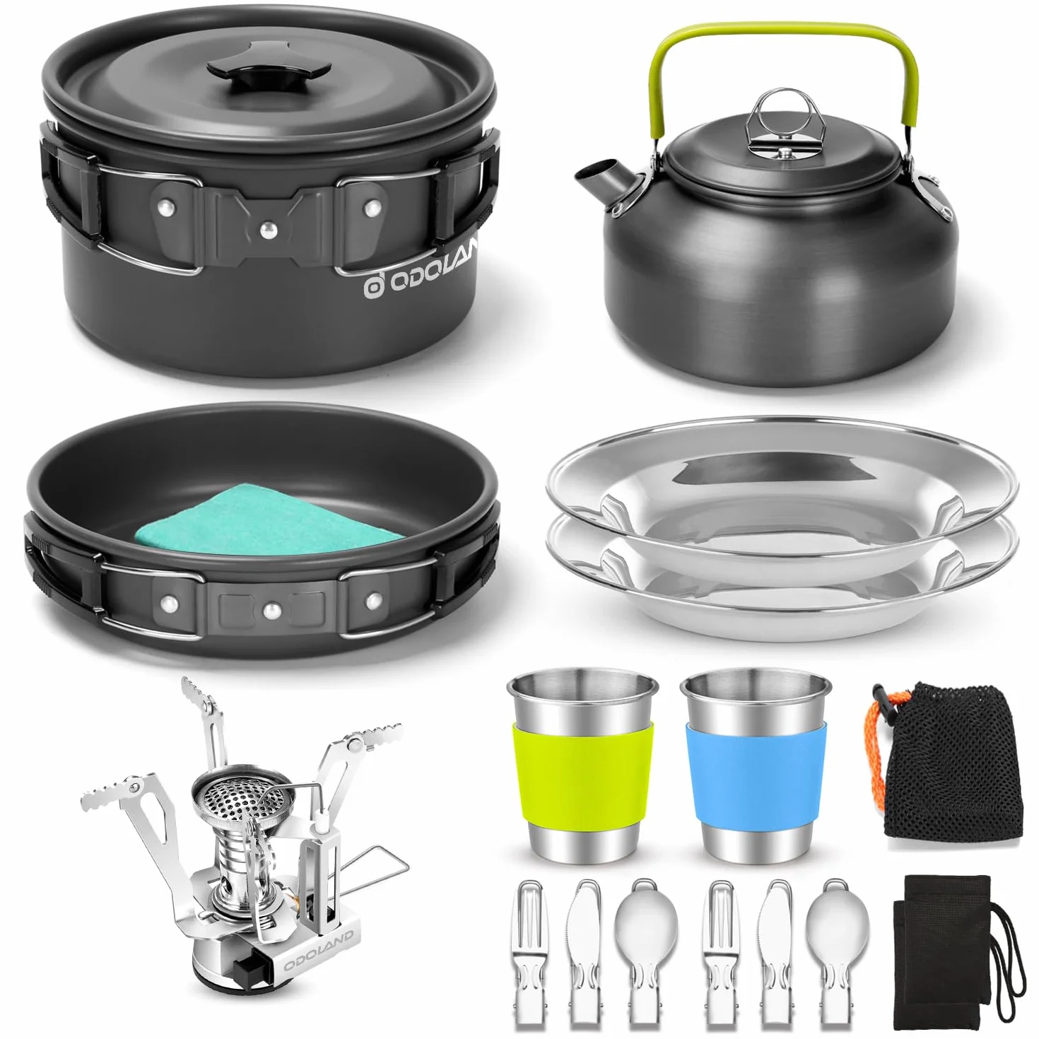 Odoland Multi-PCS Kit de Casseroles Camping, Cookware Kit en Alliage d'Alu, Légère, Durable et Compact avec Réchaud de Camping, Bouilloire, Tasse pour Pêche/Survie/Randonnée/Outdoor/Pique-Nique