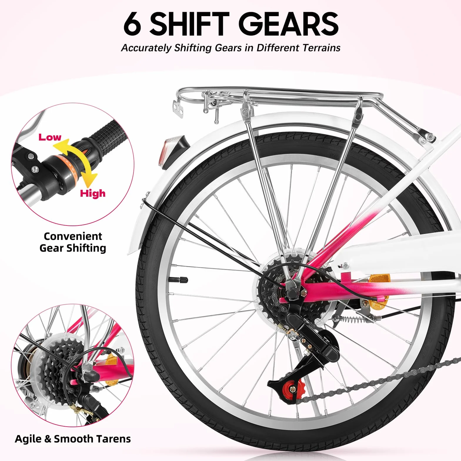 Vélo 20 pouces fille 6 vitesses freins doubles rose blanc
