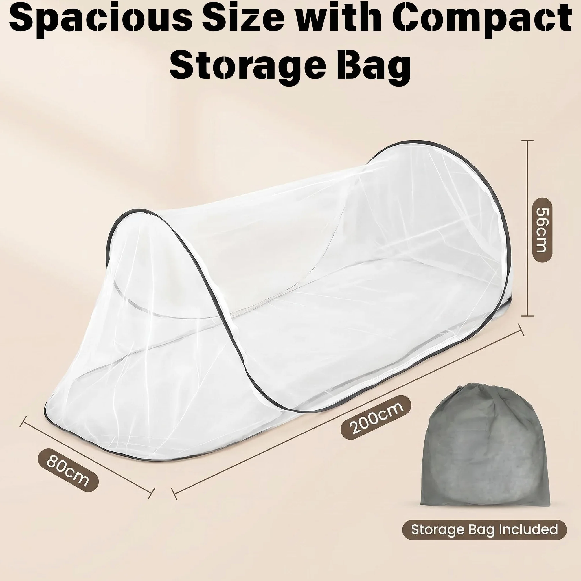 Moustiquaire Pliable, Moustiquaire de Voyage Pop-Up 200 x 80 x 56 cm, Tente avec Fermeture pour Lit Simple, Ultra Légère, Anti-Moustiques à 360°, Facile à Installer pour Camping, Dortoir et Maison