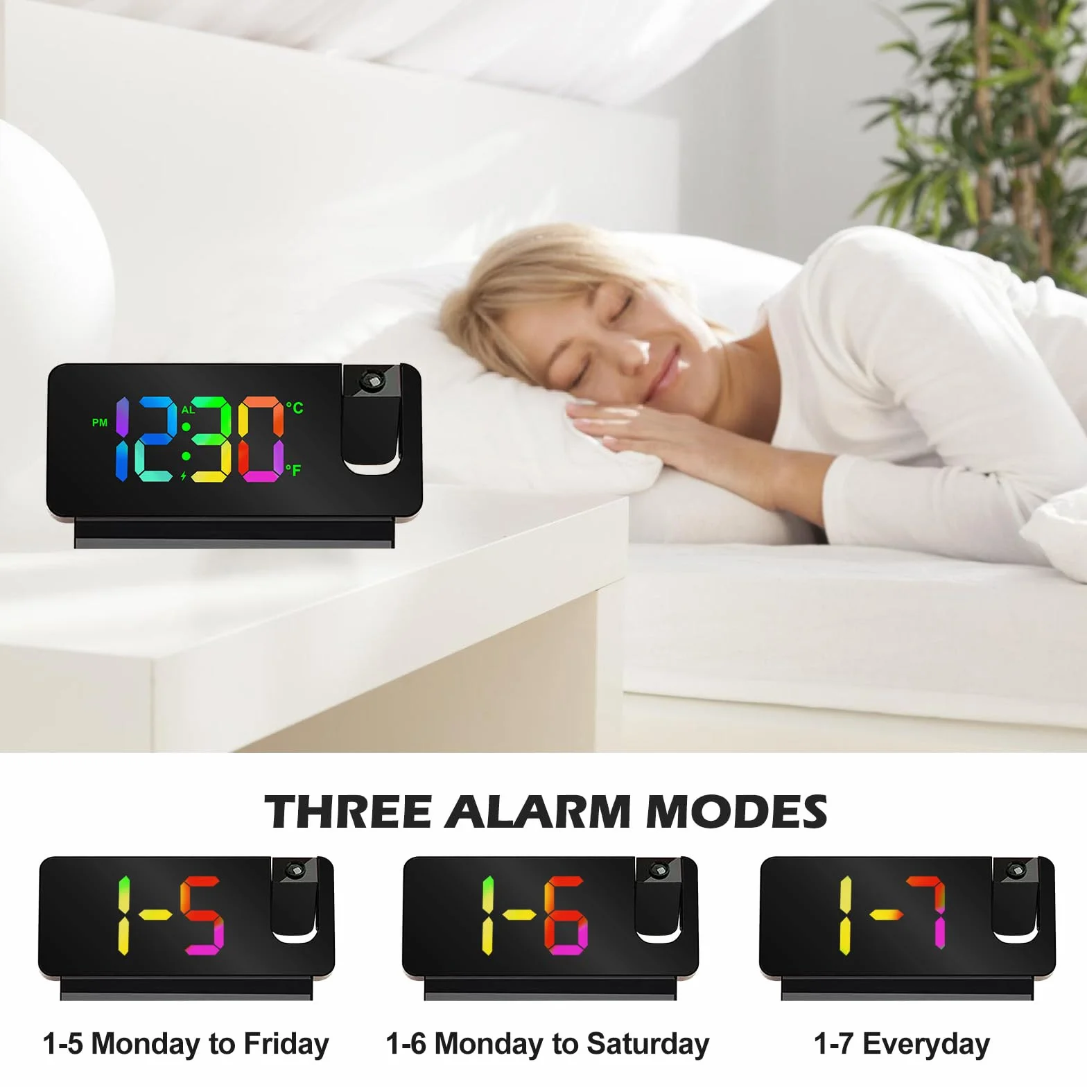 Réveil Projecteur Plafond Numérique LED 180° avec Snooze Température USB