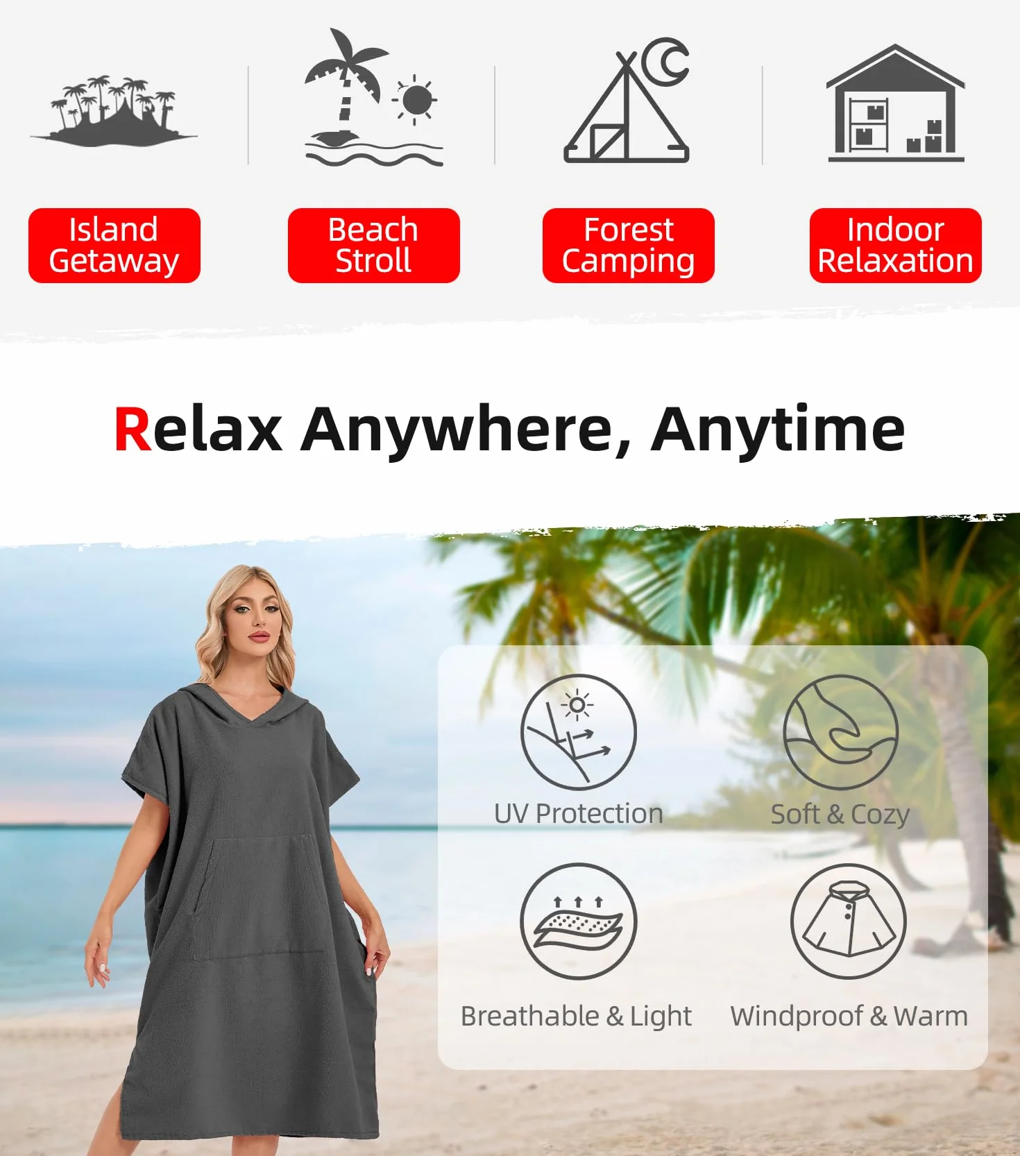Abahub Poncho de Plage Adulte Homme et Femme, Poncho de Surf Adulte en Microfibre avec Capuche,Peignoir-Serviette de Changement,Absorbant, Léger et à Séchage Rapide,Adapté à Plage Piscine Le Surf