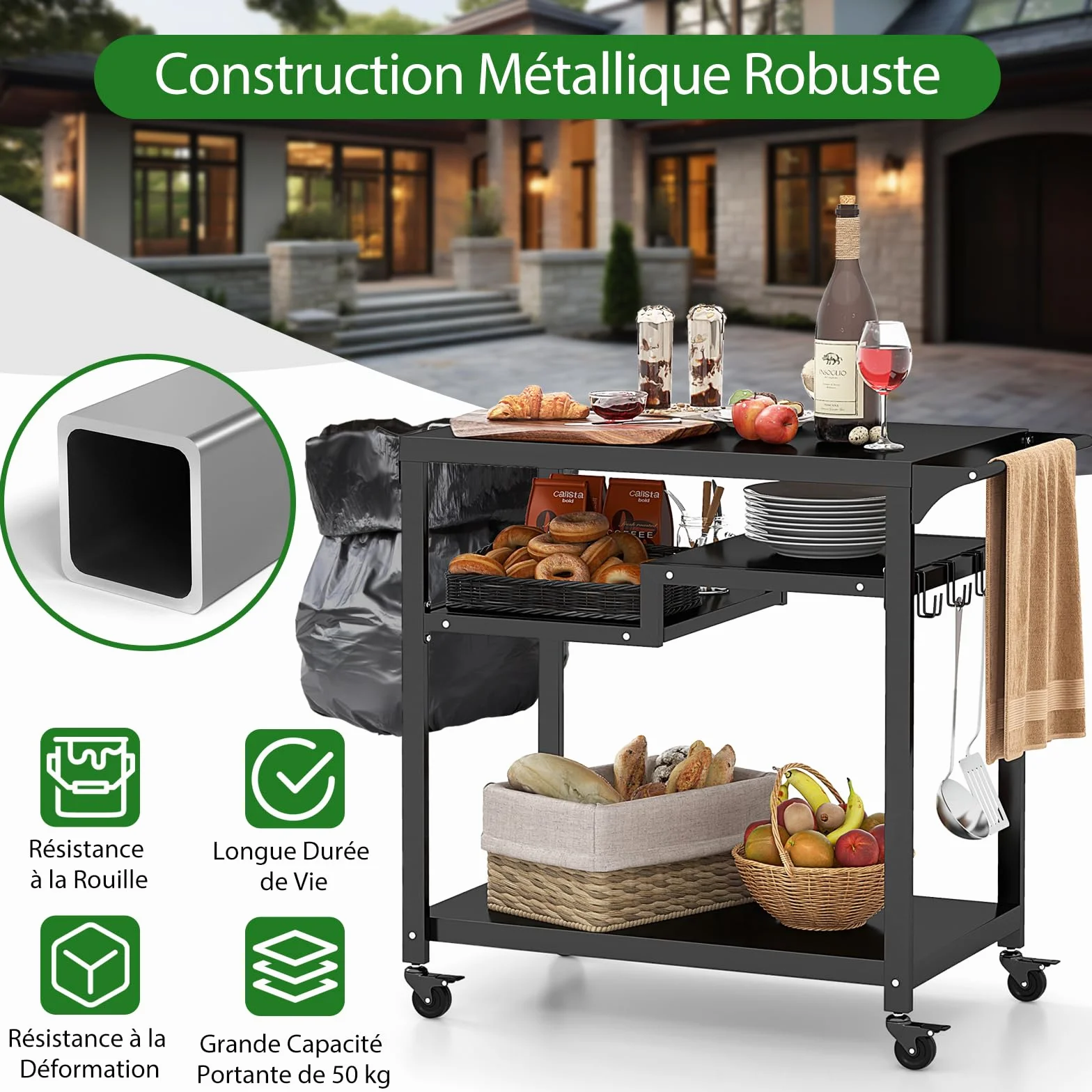 GOPLUS Desserte Jardin Exterieur Chariot Barbecue 4 Roues 4 Crochets Étagère 111x50.5x93 cm Charge 50kg