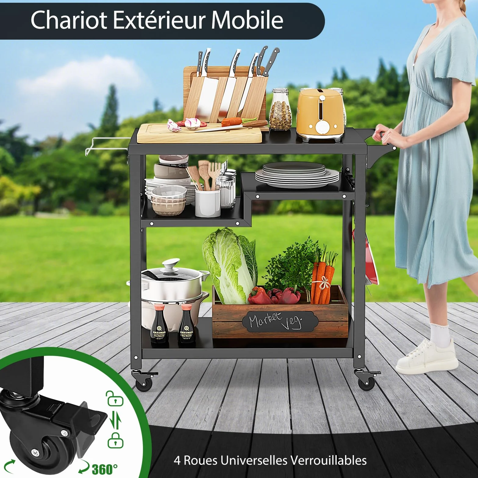 GOPLUS Desserte Jardin Exterieur Chariot Barbecue 4 Roues 4 Crochets Étagère 111x50.5x93 cm Charge 50kg