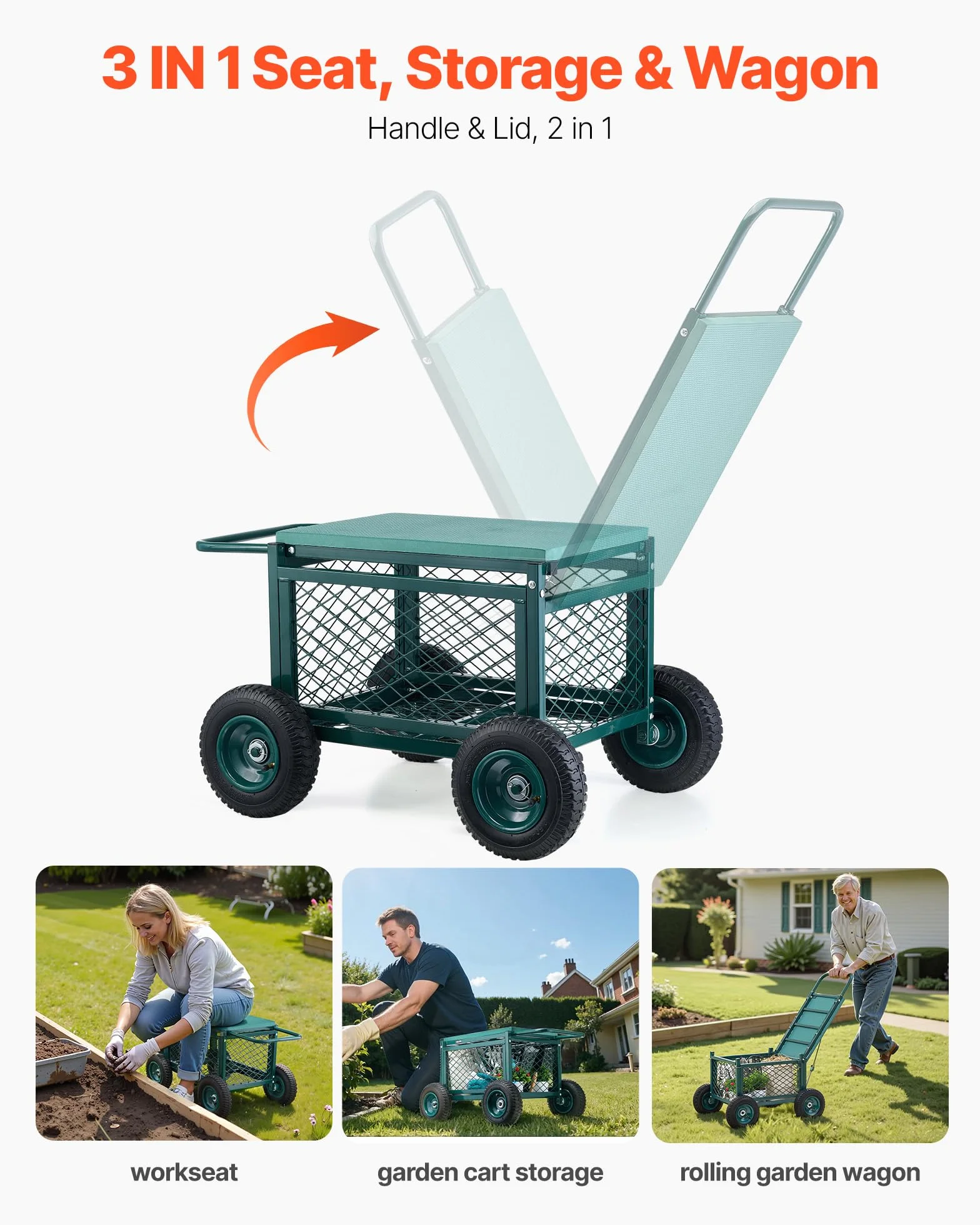 VEVOR Siège de Jardin Roulant, Tabouret de Jardinage avec Bac de Rangement, Capacité 181 kg, Métal