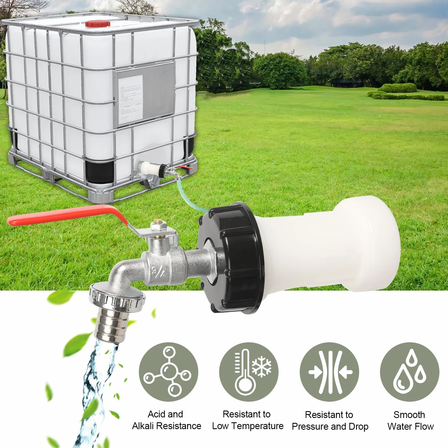 Robinet Cuve IBC 1000L S60x6 3/4" Robinet d'Écoulement Jardin avec Adaptateur Plastique, Alliage de Zinc